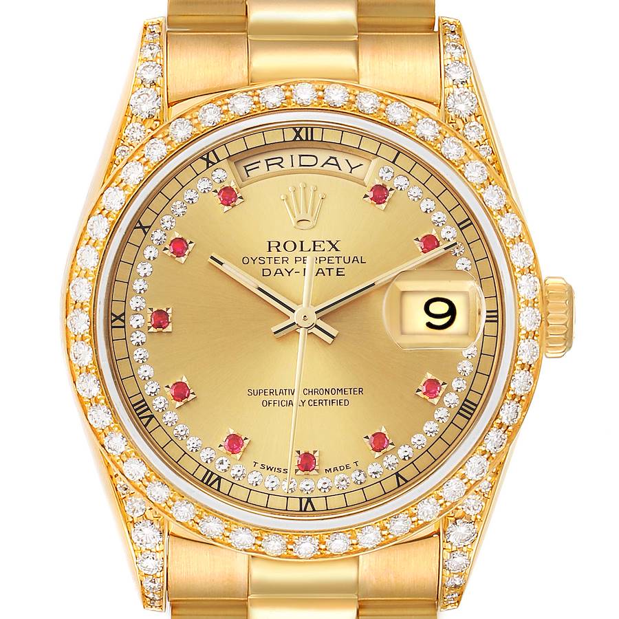 Rolex President Day-Date 36 Yellow Gold Ruby Diamond Dial Mens Watch 18388 SwissWatchExpo