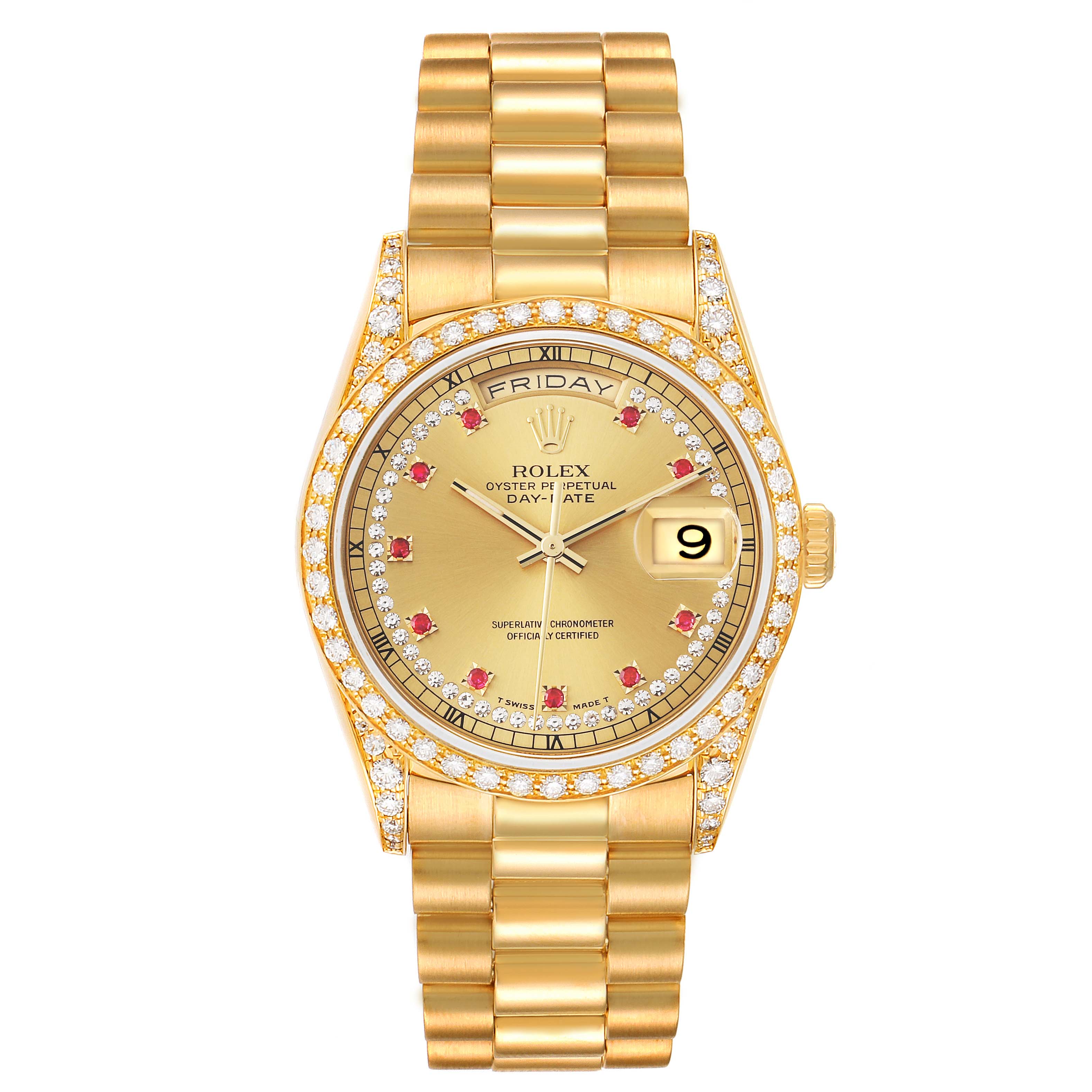 The image shows a Rolex President 18388 Men
s Yellow Gold Champagne Dial 18388 Men
s Yellow Gold Champagne Dial model watch from the front, displaying its gold band, diamond bezel, and face with day and date features.