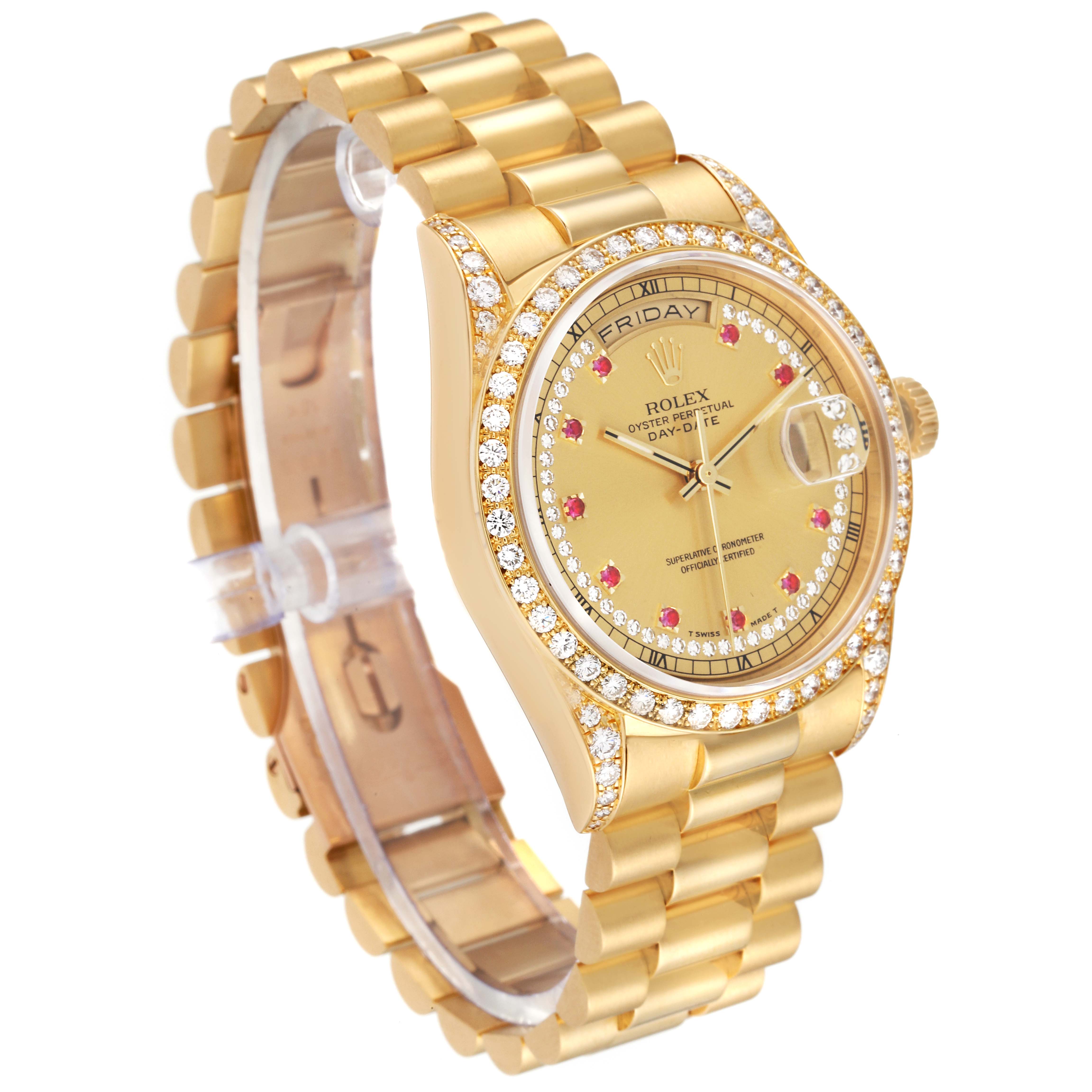 The image shows a Rolex President 18388 Men
s Yellow Gold Champagne Dial 18388 Men
s Yellow Gold Champagne Dial model watch at an angled view, highlighting its gold band, diamond bezel, and detailed face.