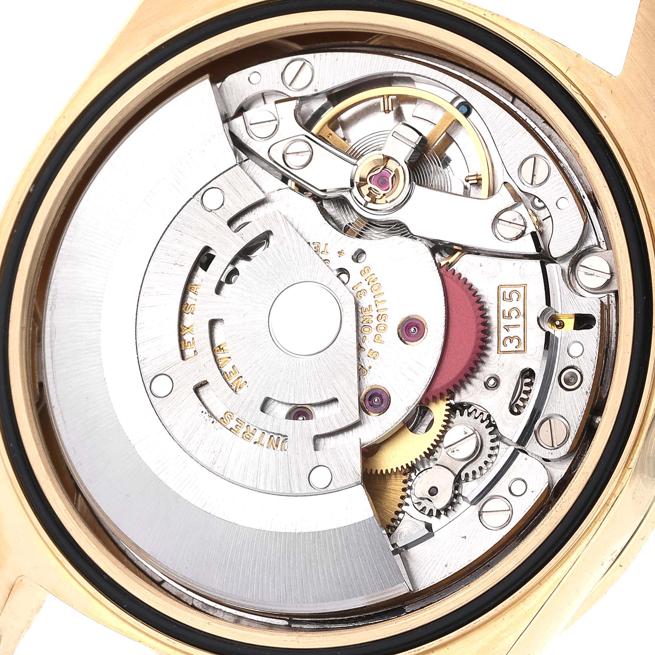 This image shows the internal mechanism of a Rolex President 18388 Men
s Yellow Gold Champagne Dial 18388 Men
s Yellow Gold Champagne Dial model watch, viewed from the back.