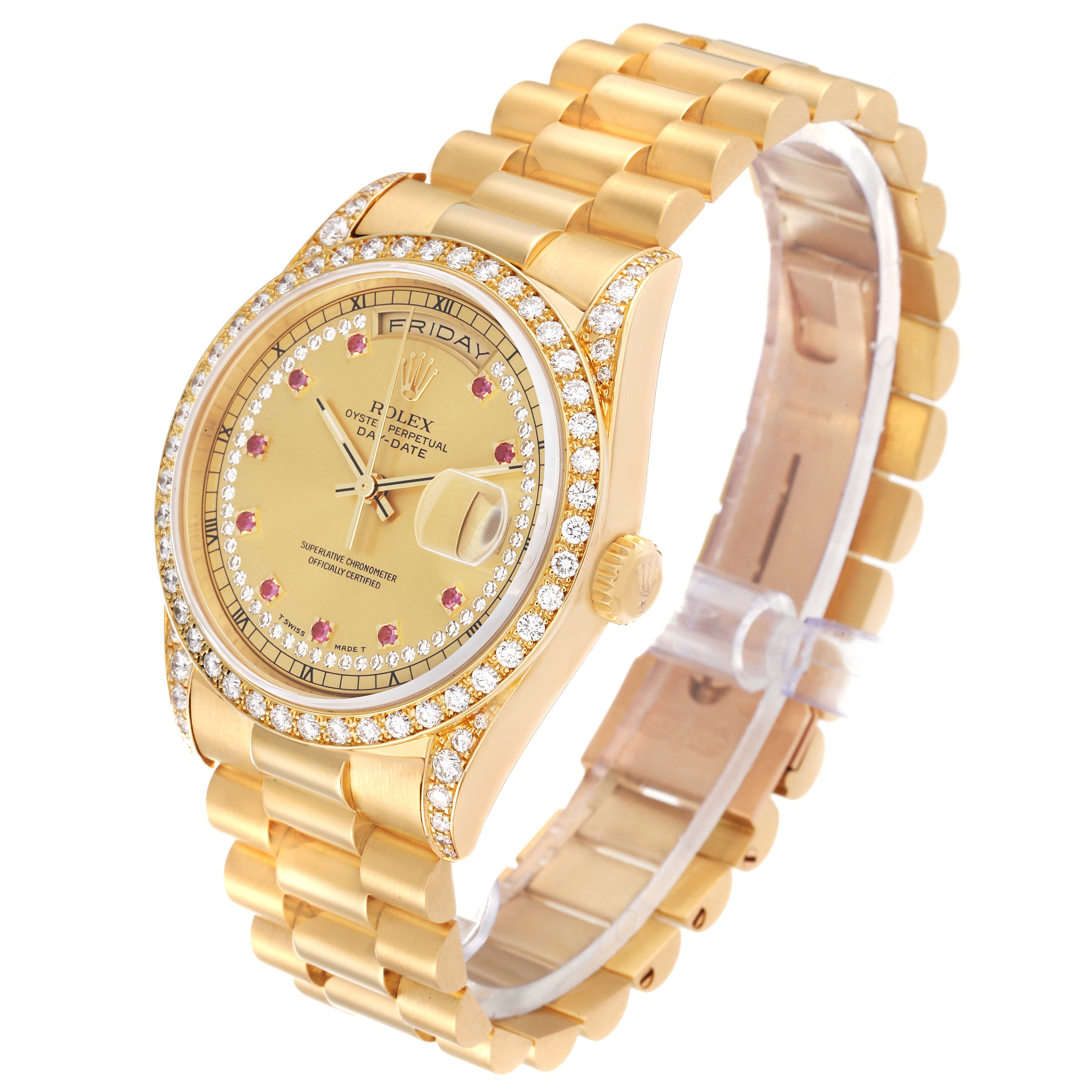 The image shows a Rolex President 18388 Men
s Yellow Gold Champagne Dial 18388 Men
s Yellow Gold Champagne Dial model watch from a frontal angle displaying the face, bezel, and band.