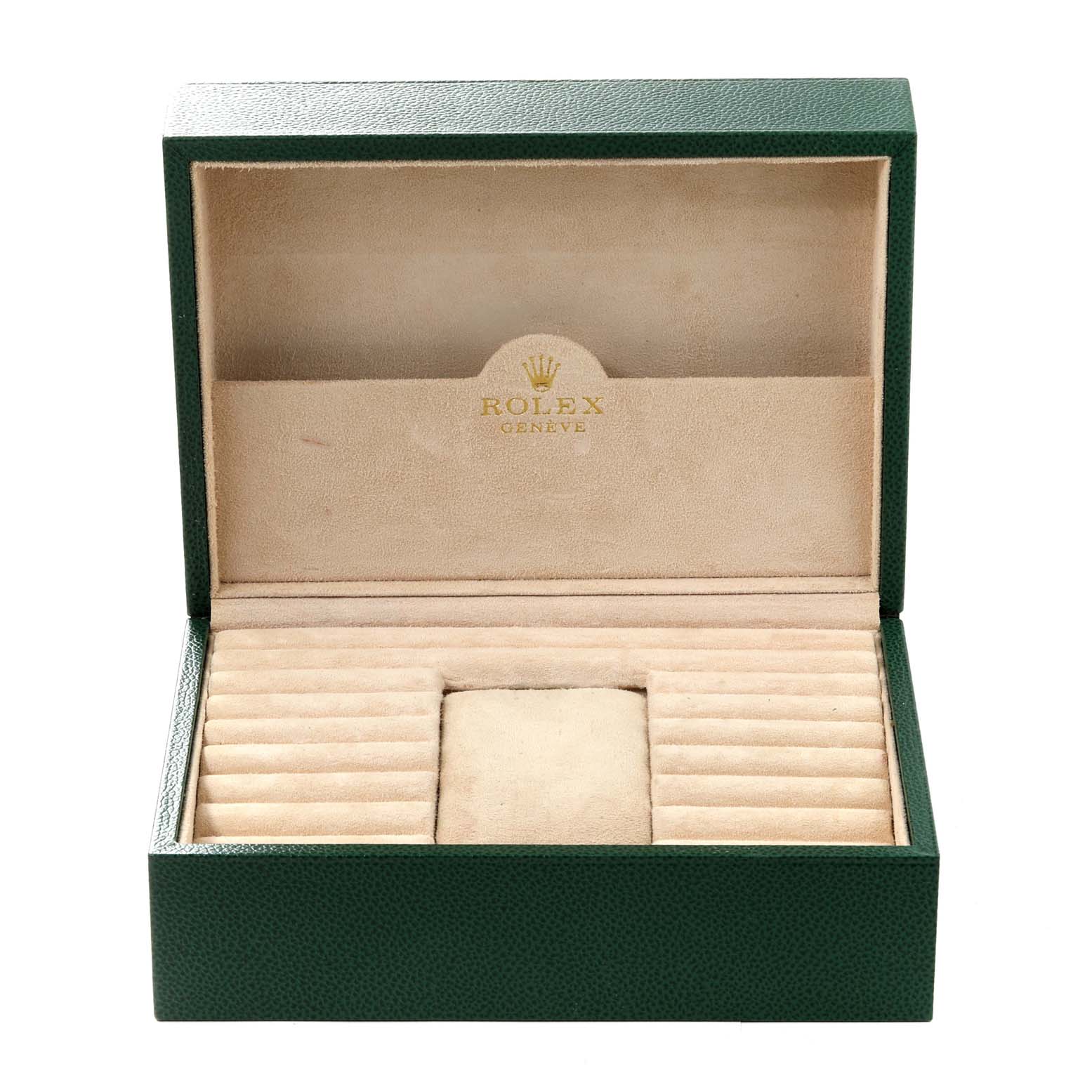 This image shows an open Rolex President 18388 Men
s Yellow Gold Champagne Dial 18388 Men
s Yellow Gold Champagne Dial model watch box with the interior and Rolex branding clearly visible.