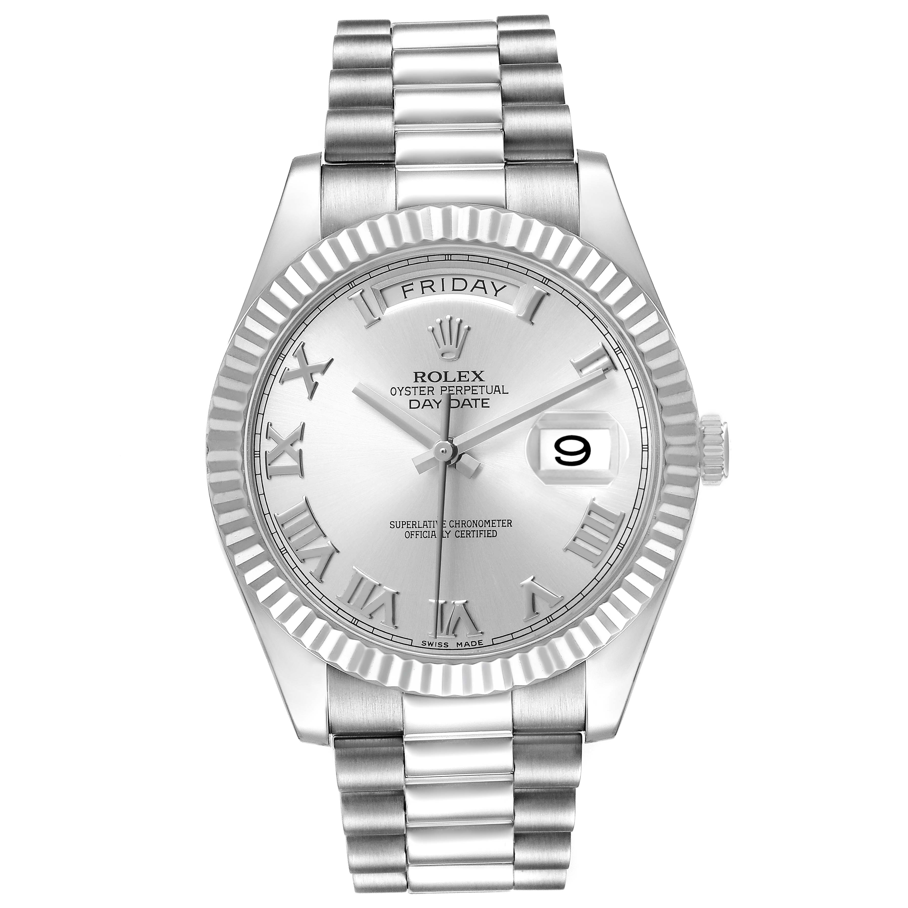 The Rolex President 218239 Men's White Gold Silver Dial model watch is shown from the front, featuring the dial, bezel, bracelet, and date window.