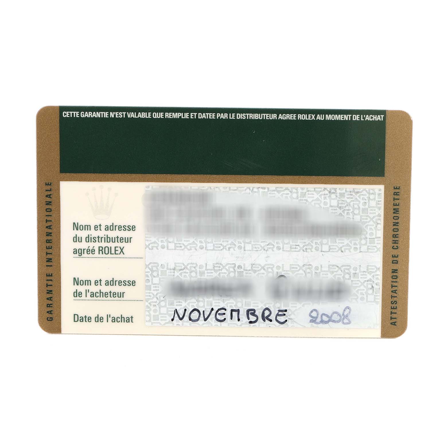 This is an image of a Rolex warranty card for the President model, detailing purchase information.