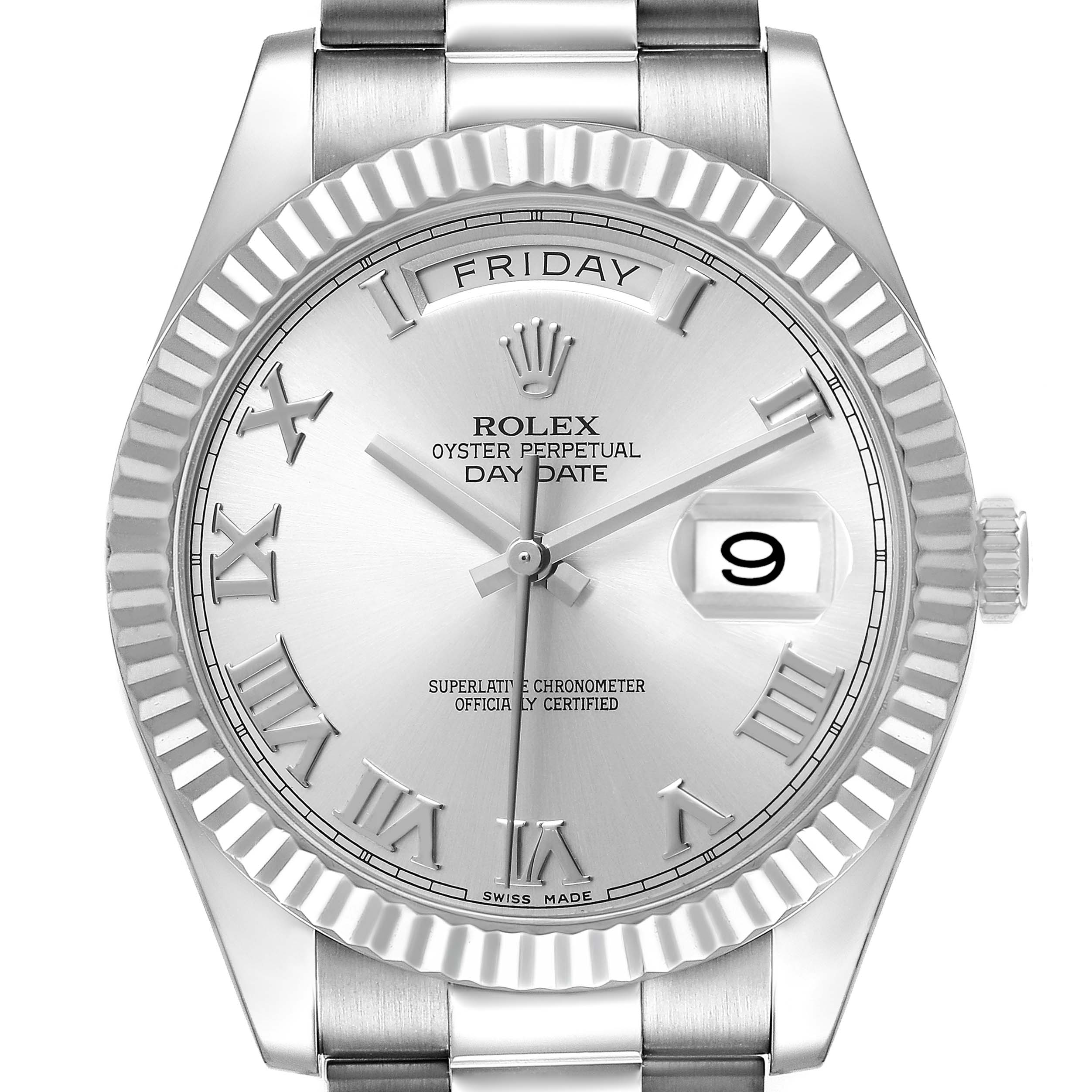 The Rolex President 218239 Men's White Gold Silver Dial model is shown from a front angle, highlighting the dial, fluted bezel, day-date display, and bracelet.