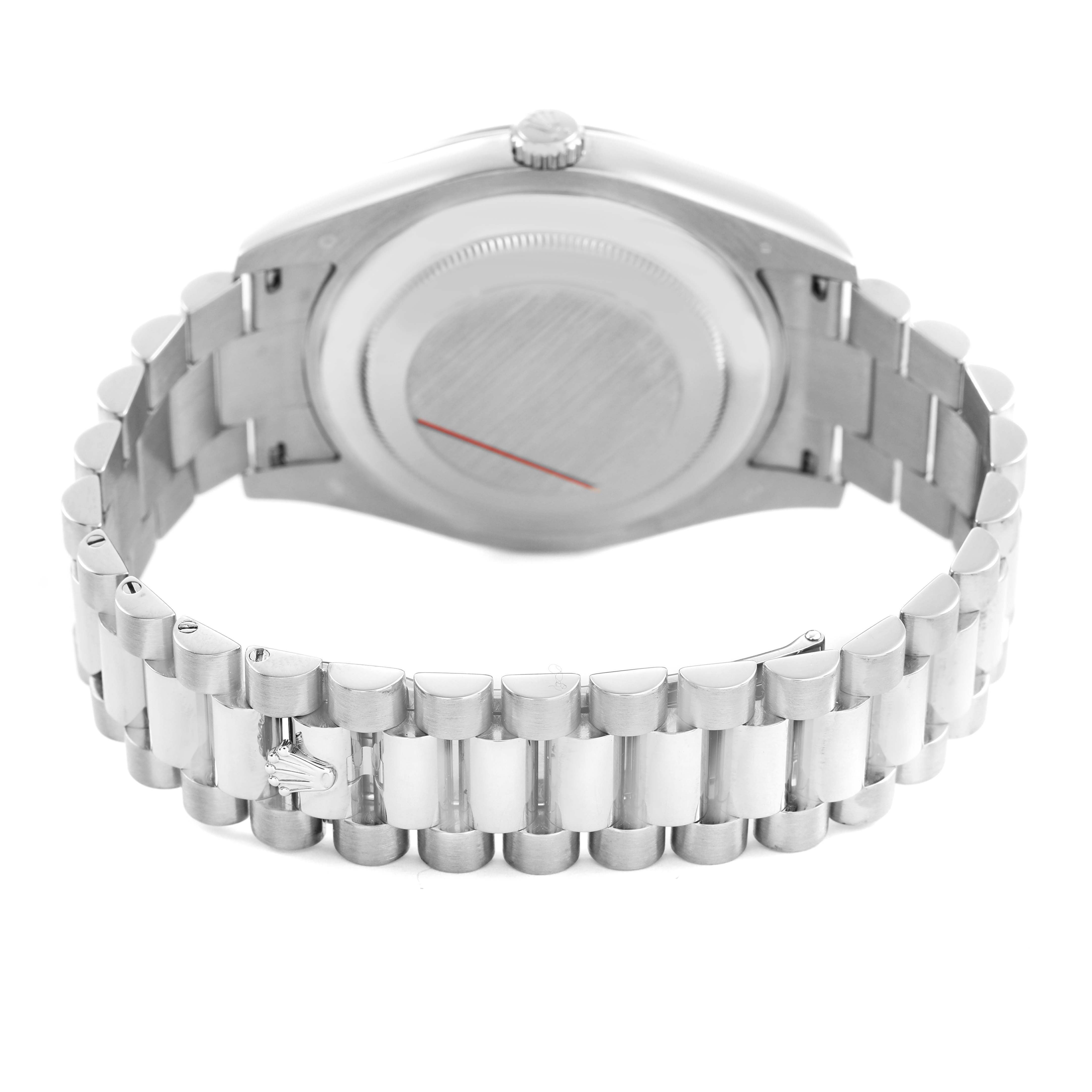 The image shows the back case and bracelet clasp of a Rolex President 218239 Men's White Gold Silver Dial watch from a rear angle.