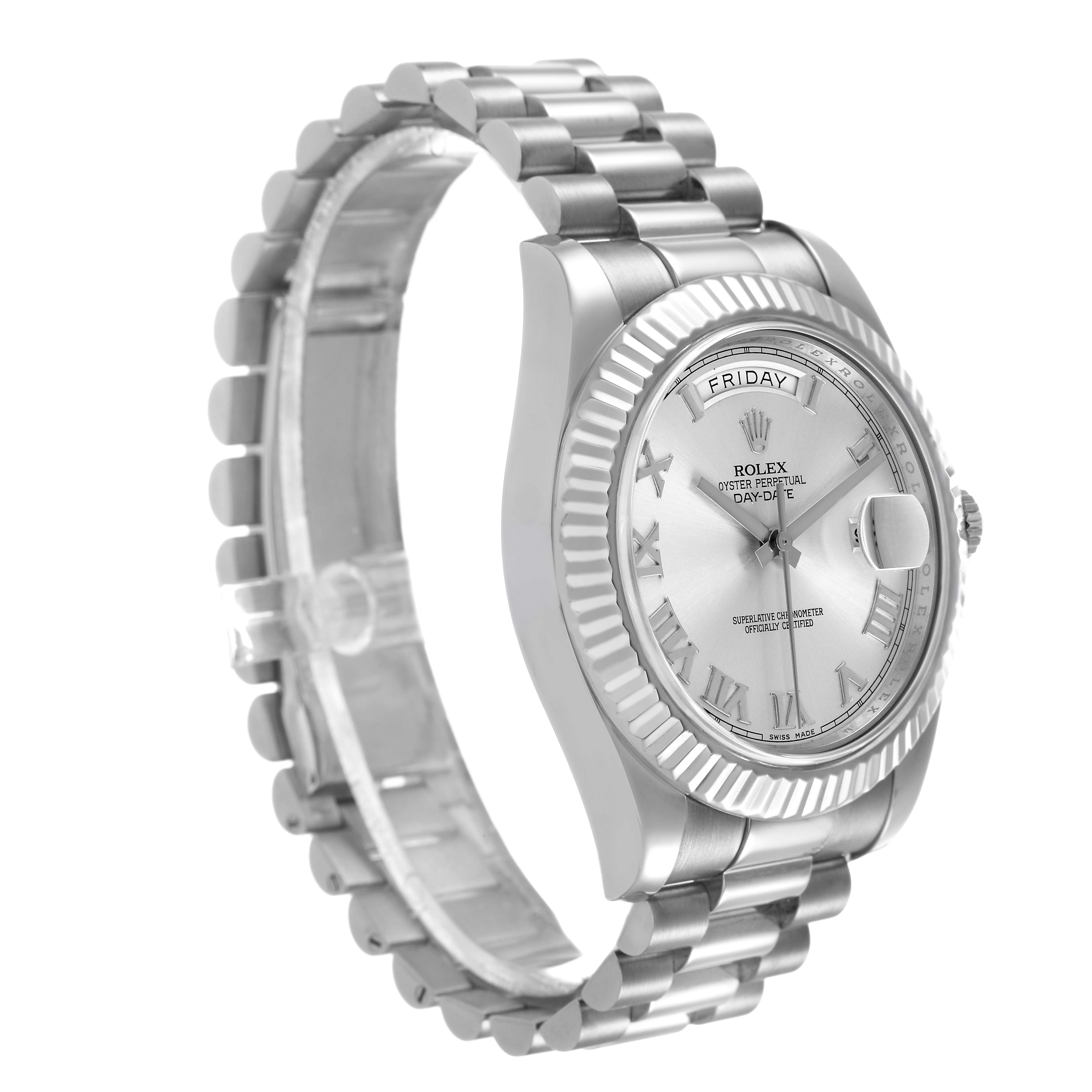 The Rolex President 218239 Men's White Gold Silver Dial model watch is shown at an angle highlighting the dial, bezel, and bracelet.