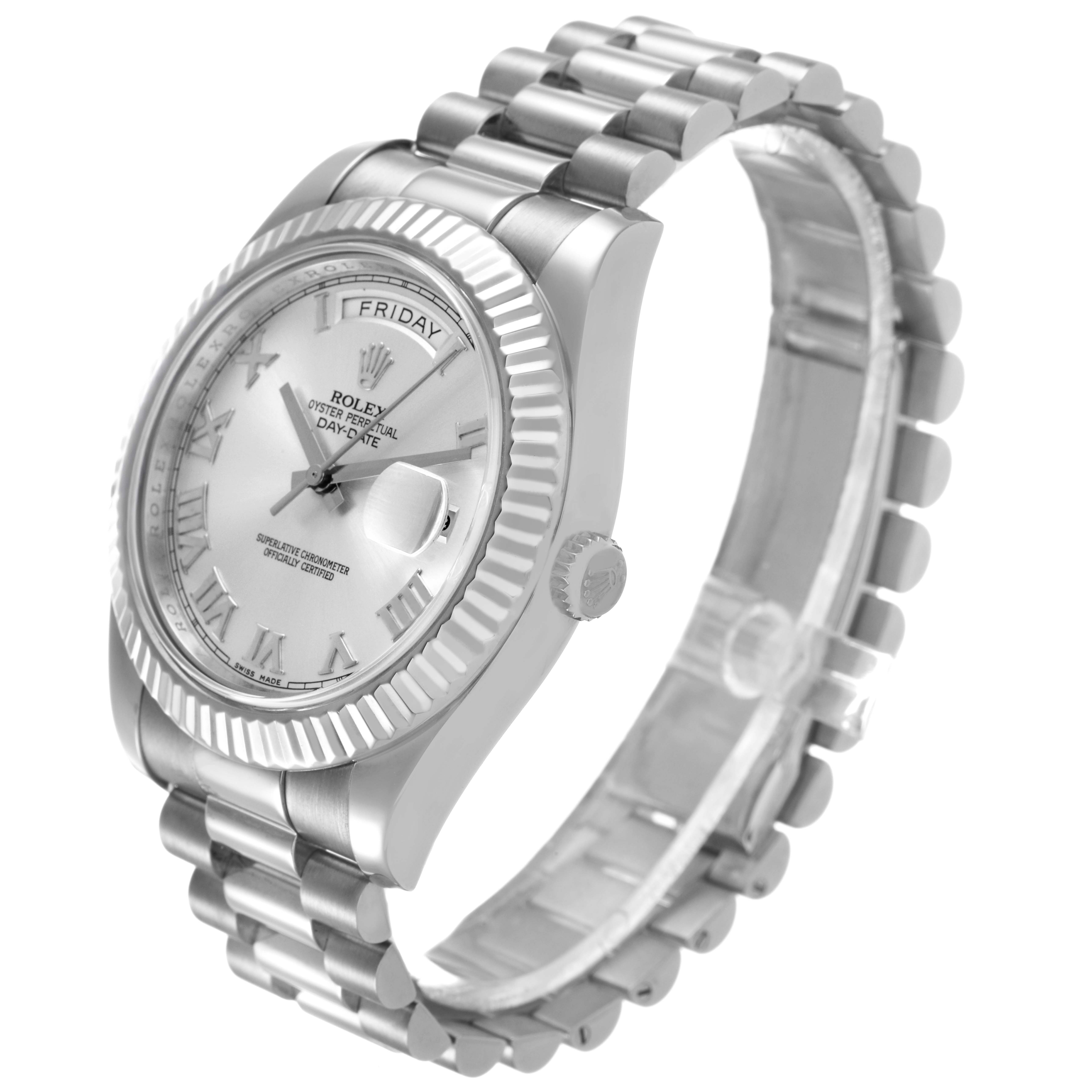 The Rolex President 218239 Men's White Gold Silver Dial watch is shown at a three-quarter angle, highlighting the bracelet, fluted bezel, and dial with Roman numerals.