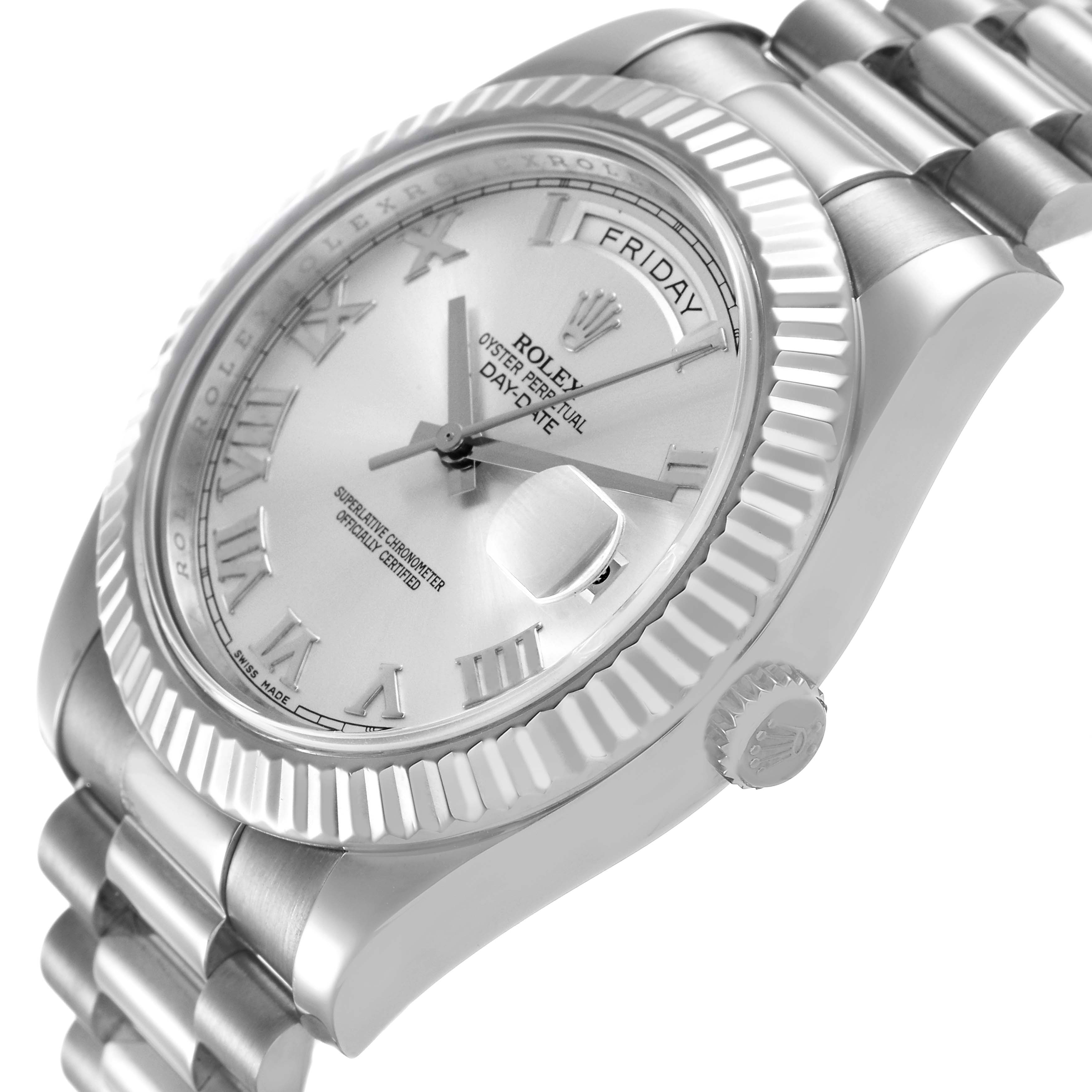 The Rolex President 218239 Men's White Gold Silver Dial model is shown at a slight angle, highlighting the watch face, bezel, crown, and part of the bracelet.