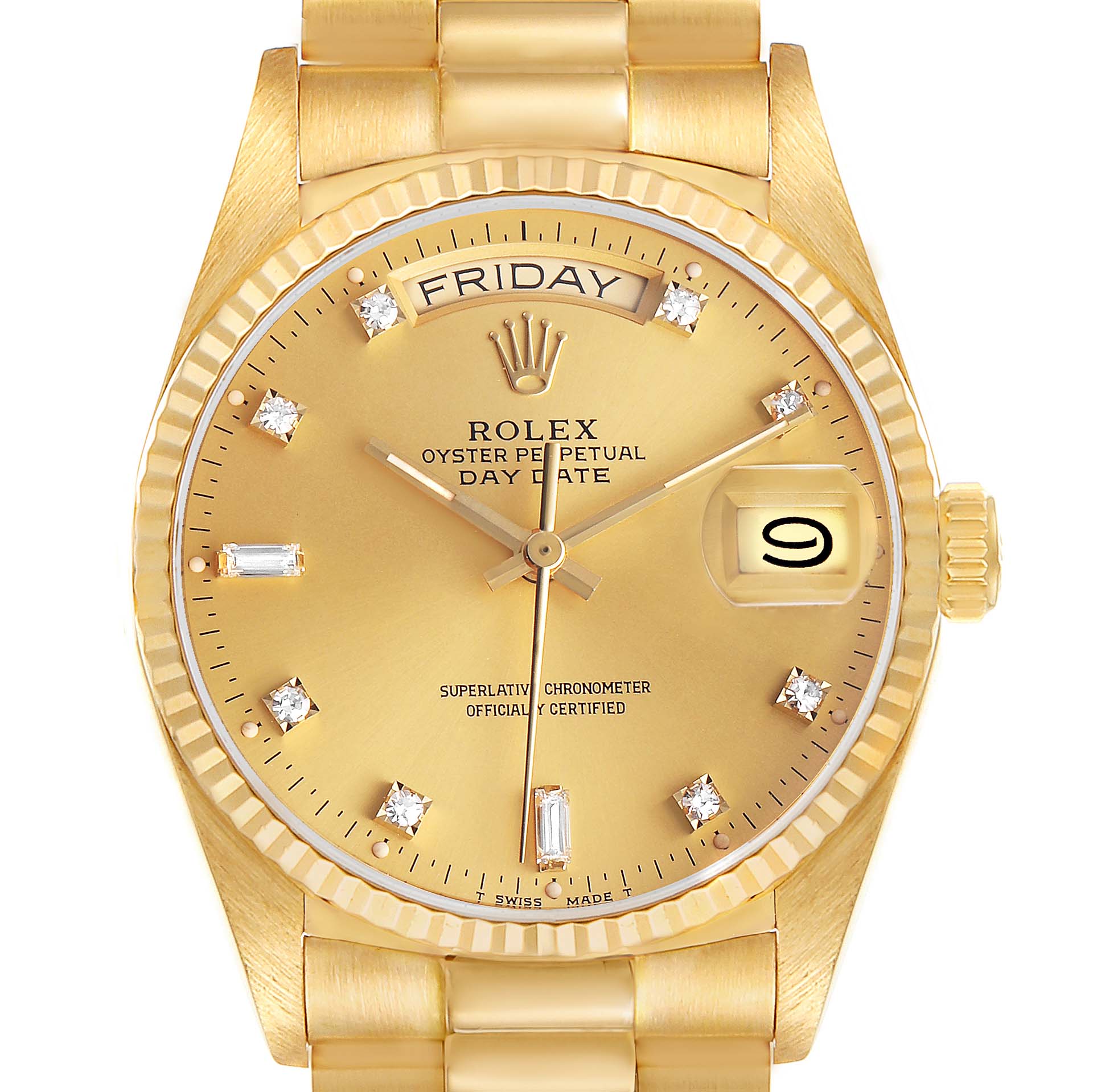 The Rolex President 18038 Men's Yellow Gold Champagne Dial model is shown from the front, highlighting the dial, day-date display, and diamond hour markers.