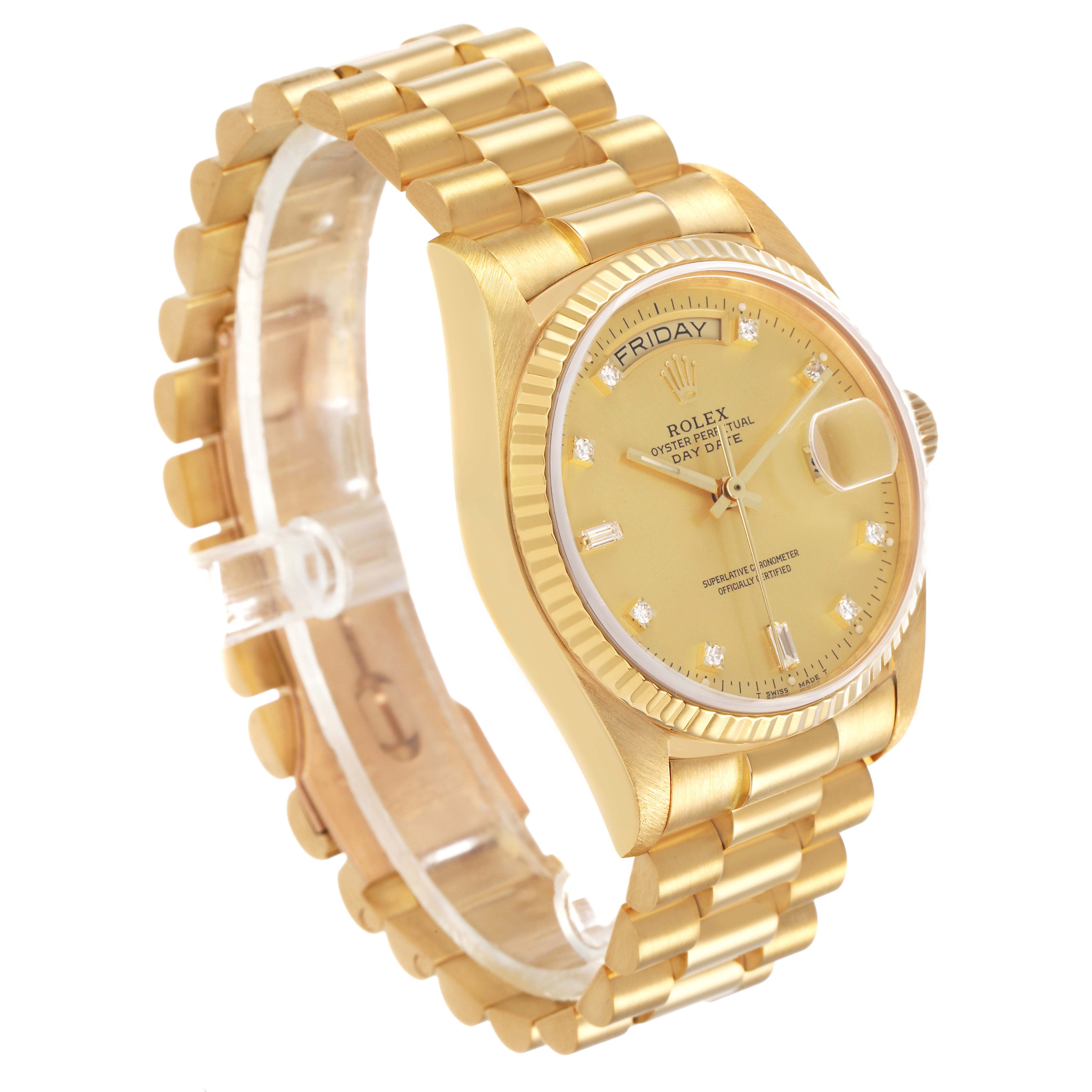 The Rolex President 18038 Men's Yellow Gold Champagne Dial model watch is shown at a slight side angle, highlighting its band, face, and crown.