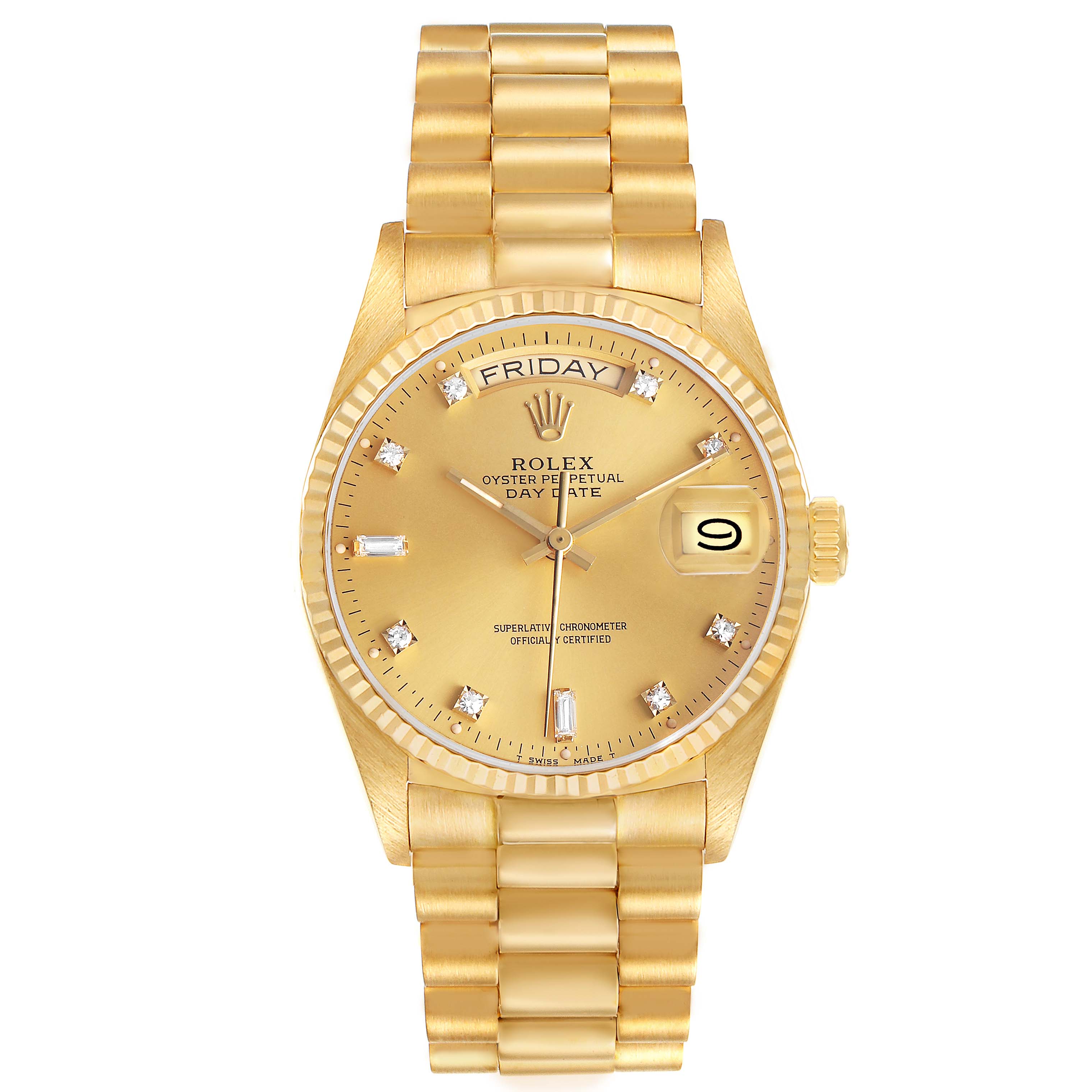 The Rolex President 18038 Men's Yellow Gold Champagne Dial model watch is shown from the front, displaying its dial, bracelet, and crown.