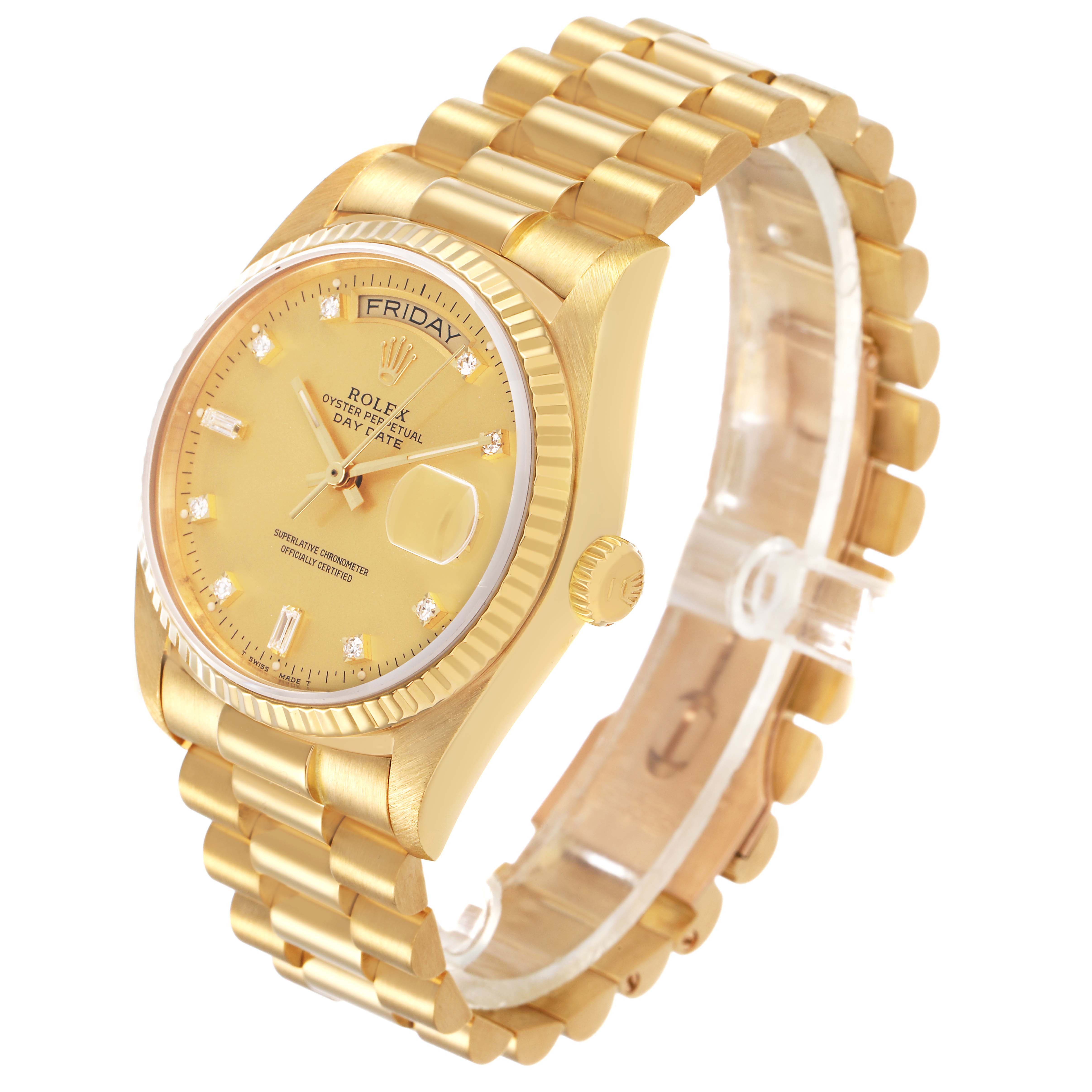 The Rolex President 18038 Men's Yellow Gold Champagne Dial model is shown at a three-quarter angle, highlighting its bracelet, case, and dial.