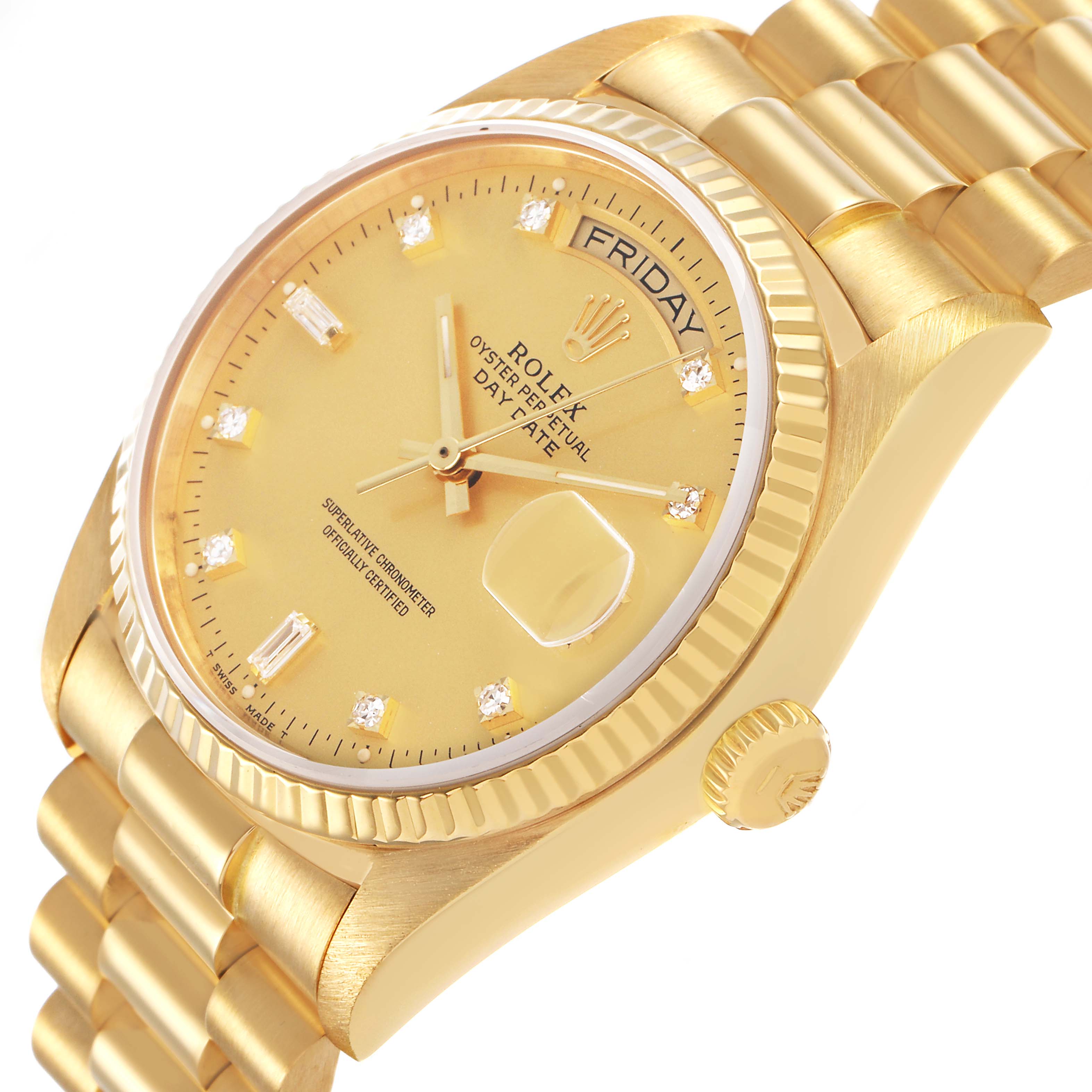 The image shows a Rolex President 18038 Men's Yellow Gold Champagne Dial model watch at a slight angle, highlighting the dial, fluted bezel, and day-date feature.