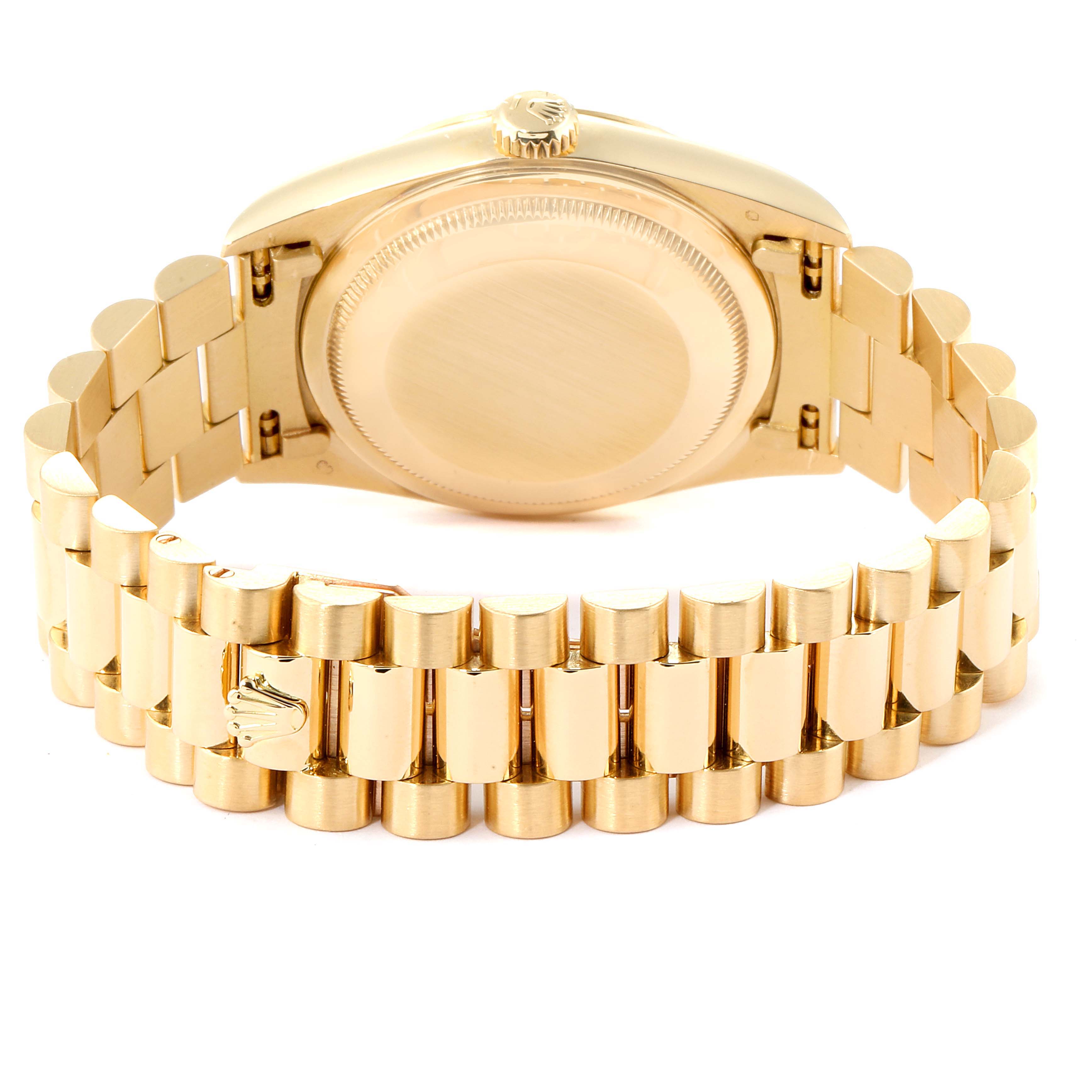 The image shows the back case and bracelet of a Rolex President 18388 Men
s Yellow Gold Champagne Dial 18388 Men
s Yellow Gold Champagne Dial model watch from a rear angle.