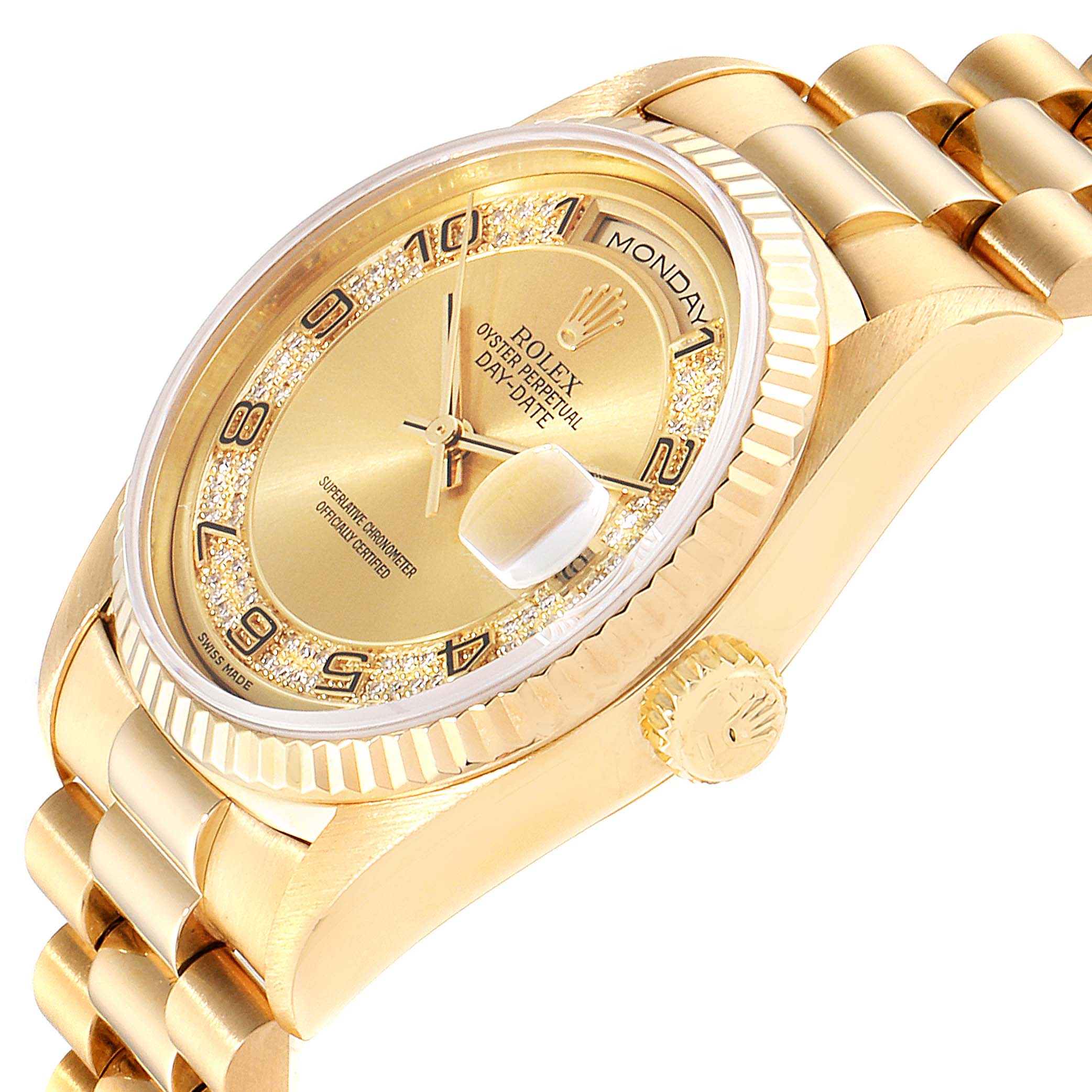 The image shows a side angle of a Rolex President 18388 Men
s Yellow Gold Champagne Dial 18388 Men
s Yellow Gold Champagne Dial model watch, featuring its dial, bezel, crown, and part of the bracelet.