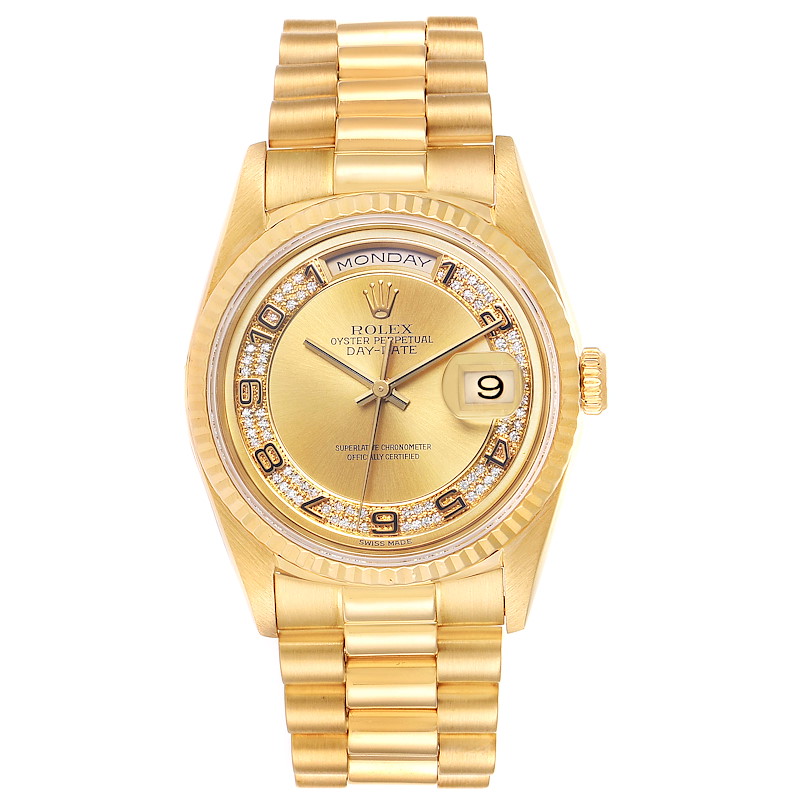 Rolex President Day Date Yellow Gold Myriad Diamond Mens Watch