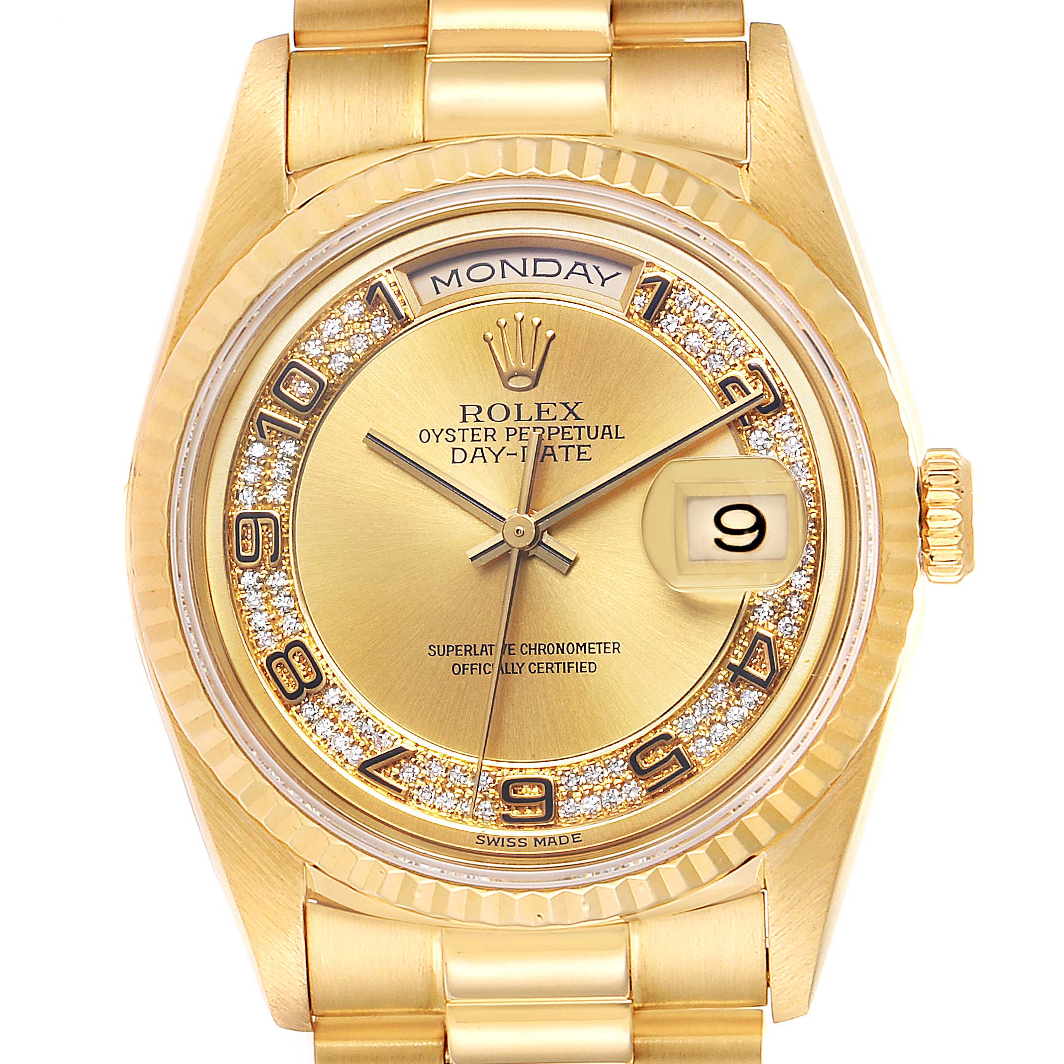The image shows a frontal view of a Rolex President 18388 Men
s Yellow Gold Champagne Dial 18388 Men
s Yellow Gold Champagne Dial model watch, highlighting its gold case, dial, and bracelet.