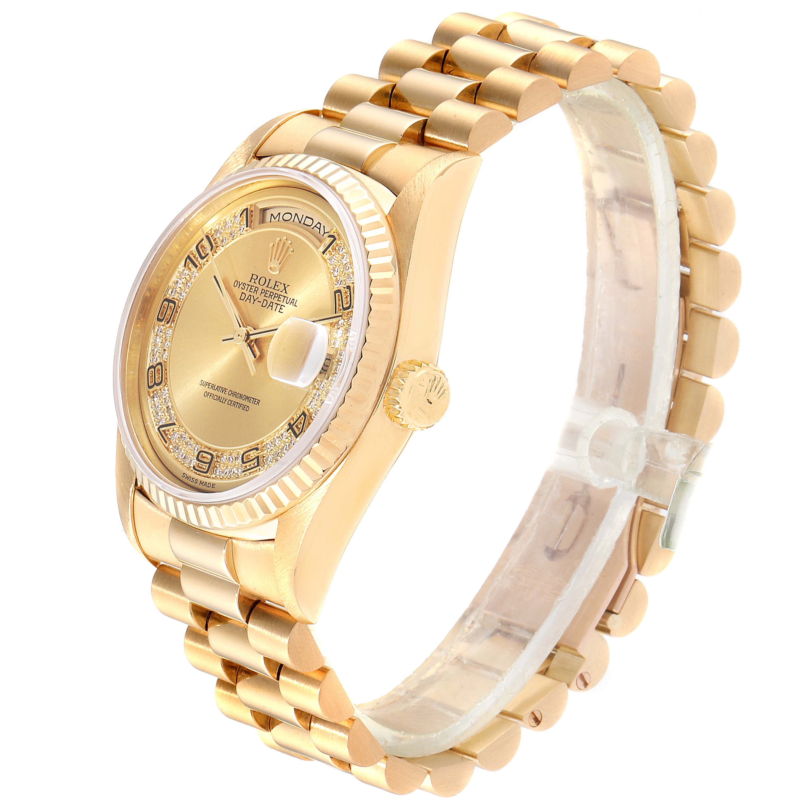 The image shows a side angle of a Rolex President 18388 Men
s Yellow Gold Champagne Dial 18388 Men
s Yellow Gold Champagne Dial model watch, highlighting the face, crown, and bracelet.