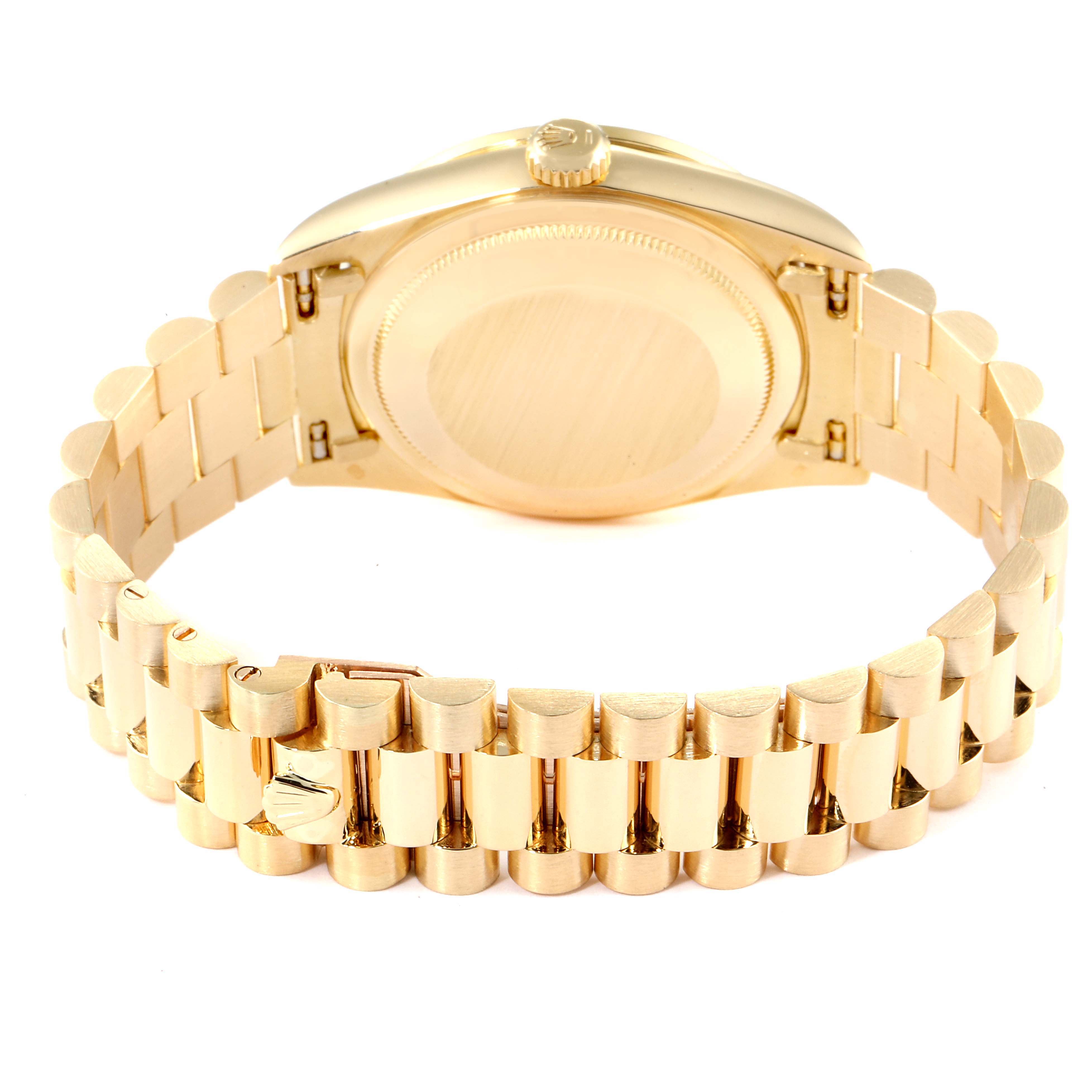 The image shows the back view of a Rolex President 18388 Men's Yellow Gold Champagne Dial 18388 Men's Yellow Gold Champagne Dial model watch, highlighting its gold band and case back.