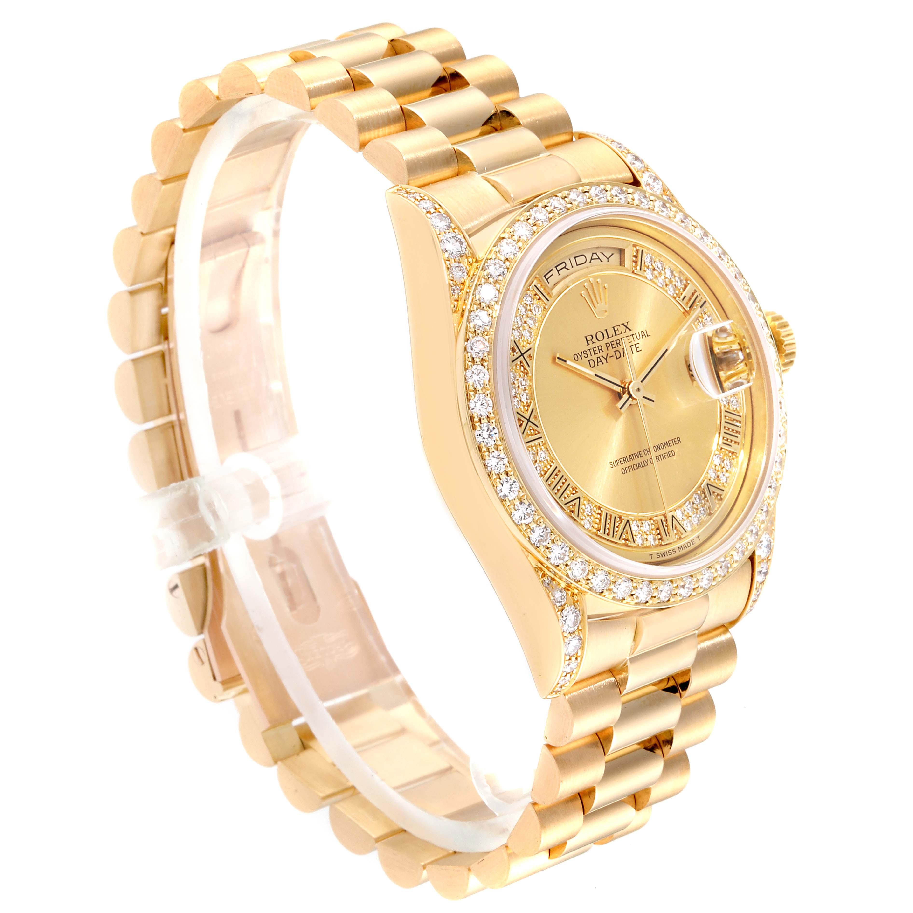 This image shows a side angle of the Rolex President 18388 Men's Yellow Gold Champagne Dial 18388 Men's Yellow Gold Champagne Dial model, highlighting its gold bracelet, diamond bezel, and champagne dial.