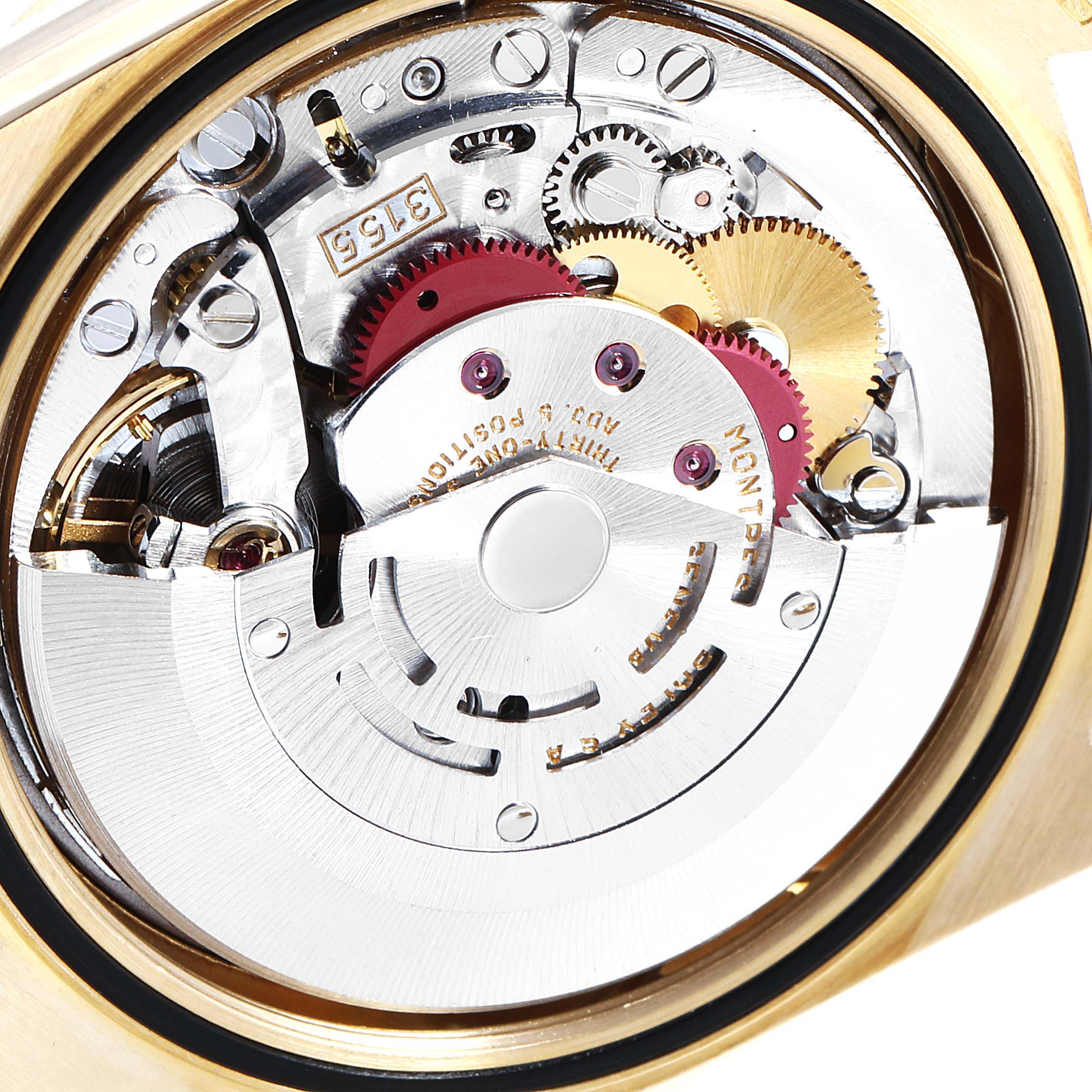 This image shows the intricate internal mechanism of a Rolex President 18388 Men's Yellow Gold Champagne Dial 18388 Men's Yellow Gold Champagne Dial model watch from a top-down angle.