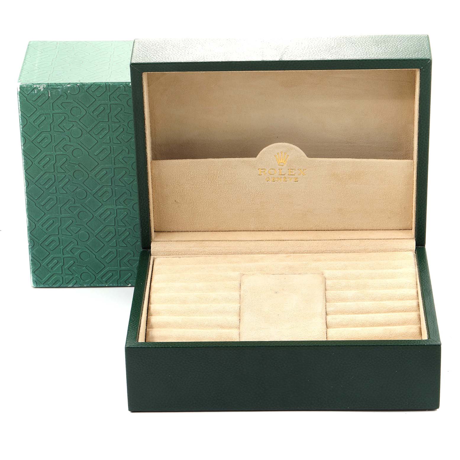 The image shows an open green leather Rolex President 18388 Men's Yellow Gold Champagne Dial 18388 Men's Yellow Gold Champagne Dial model watch box with beige interior and gold Rolex logo.