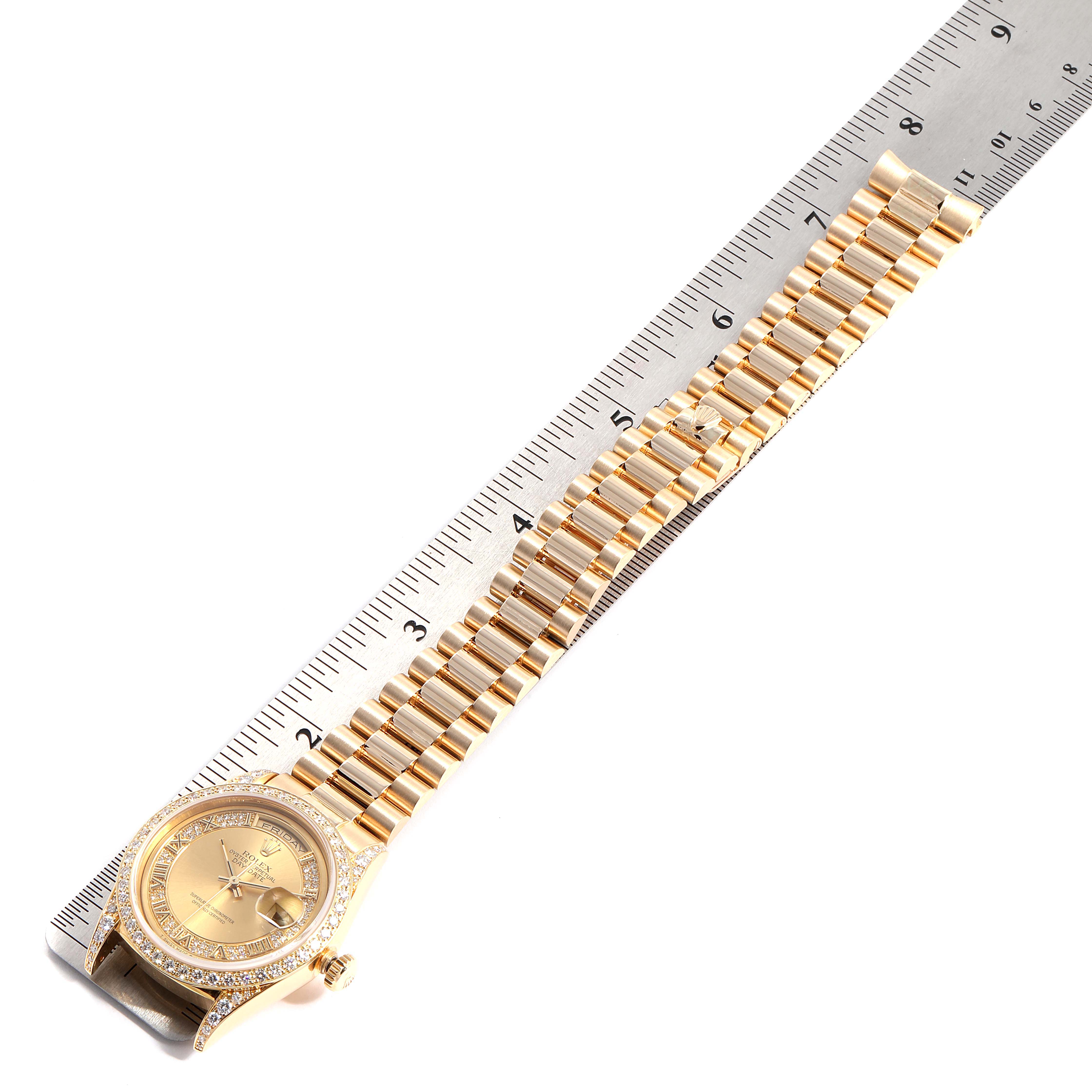 The image shows a Rolex President 18388 Men's Yellow Gold Champagne Dial 18388 Men's Yellow Gold Champagne Dial model watch, including its face and band, placed next to a ruler for measurement.