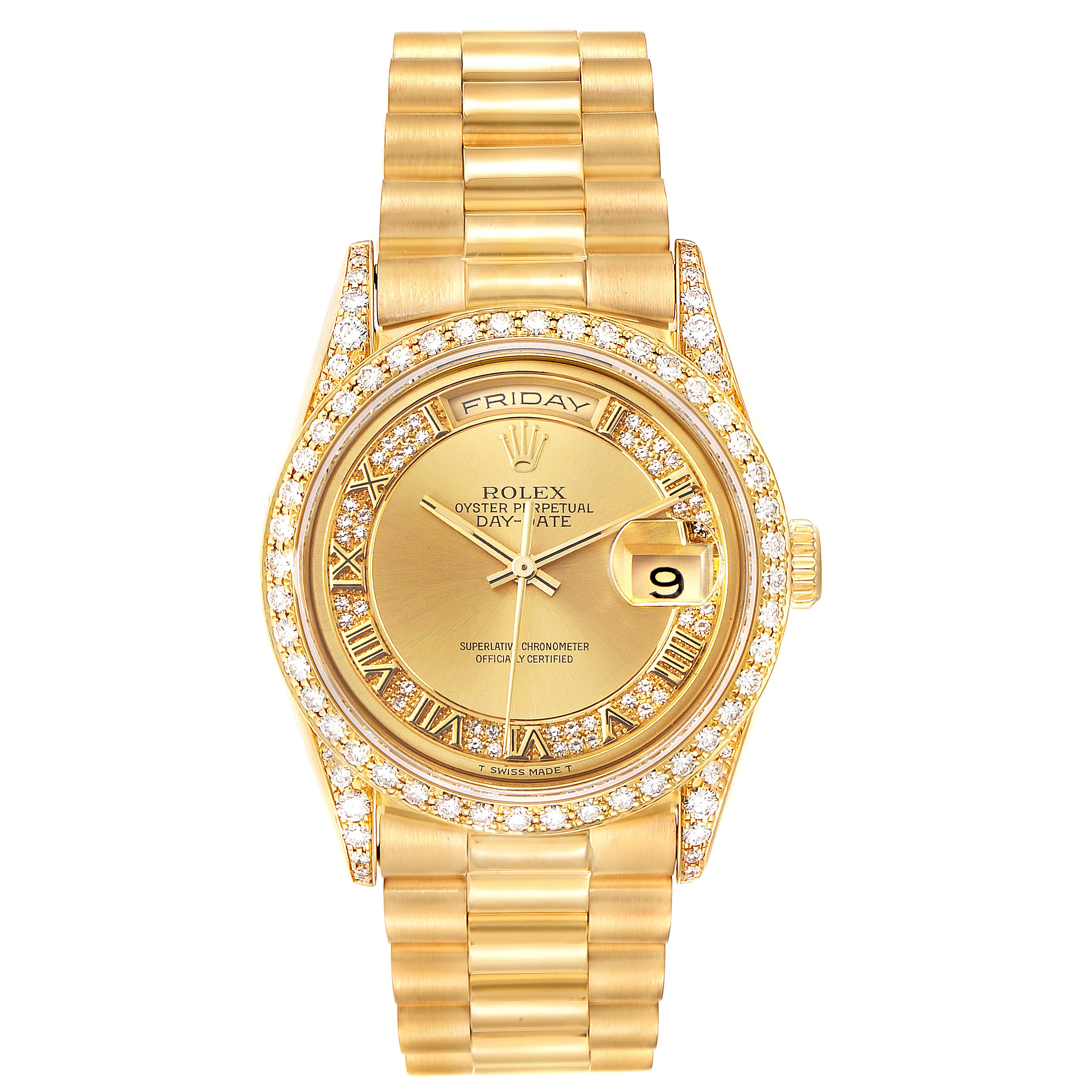 This image shows a Rolex President 18388 Men's Yellow Gold Champagne Dial 18388 Men's Yellow Gold Champagne Dial model watch from a front angle, highlighting the gold band, dial, and diamond bezel.