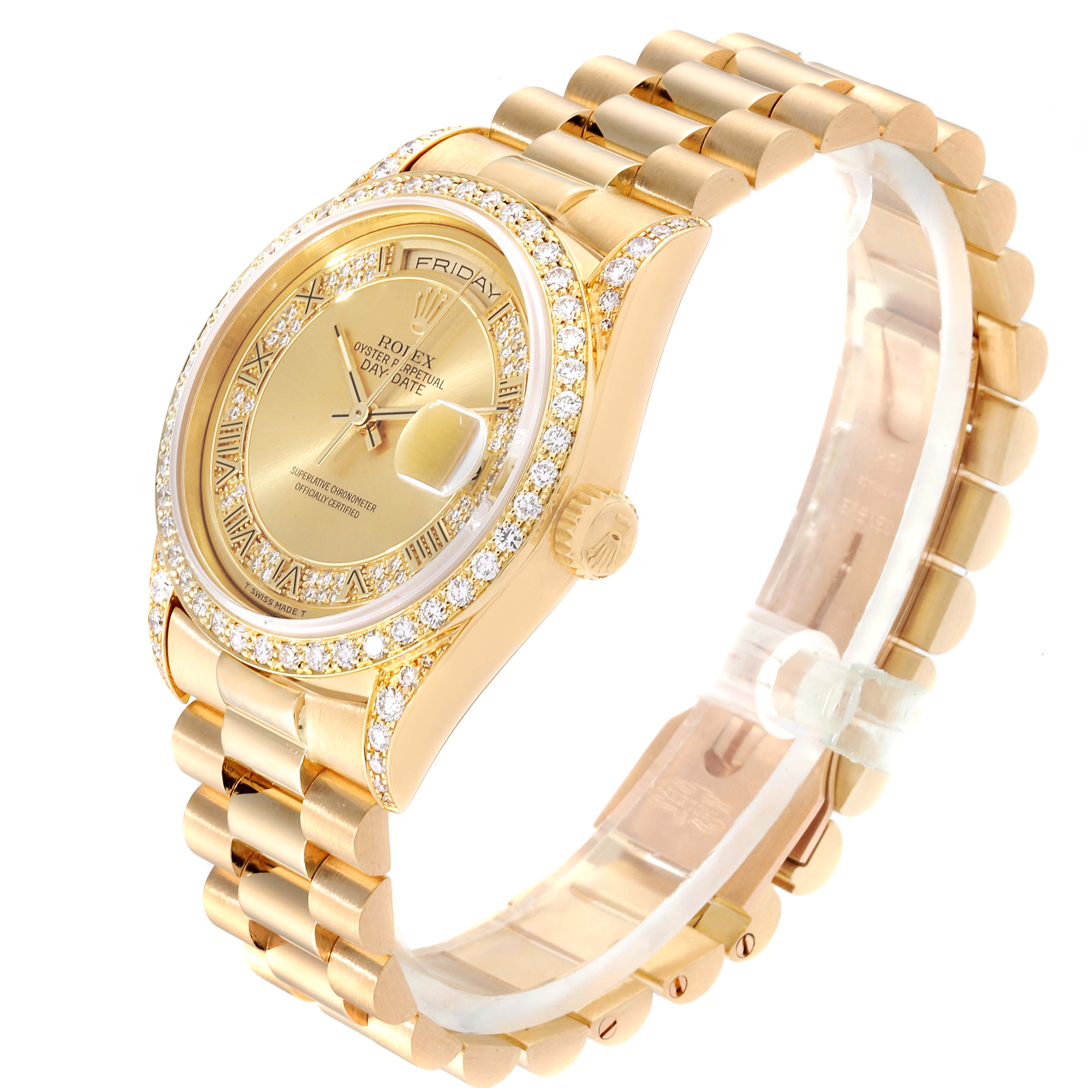 The Rolex President 18388 Men's Yellow Gold Champagne Dial 18388 Men's Yellow Gold Champagne Dial model watch is shown at a right-front angle, highlighting its face, band, bezel, and crown.