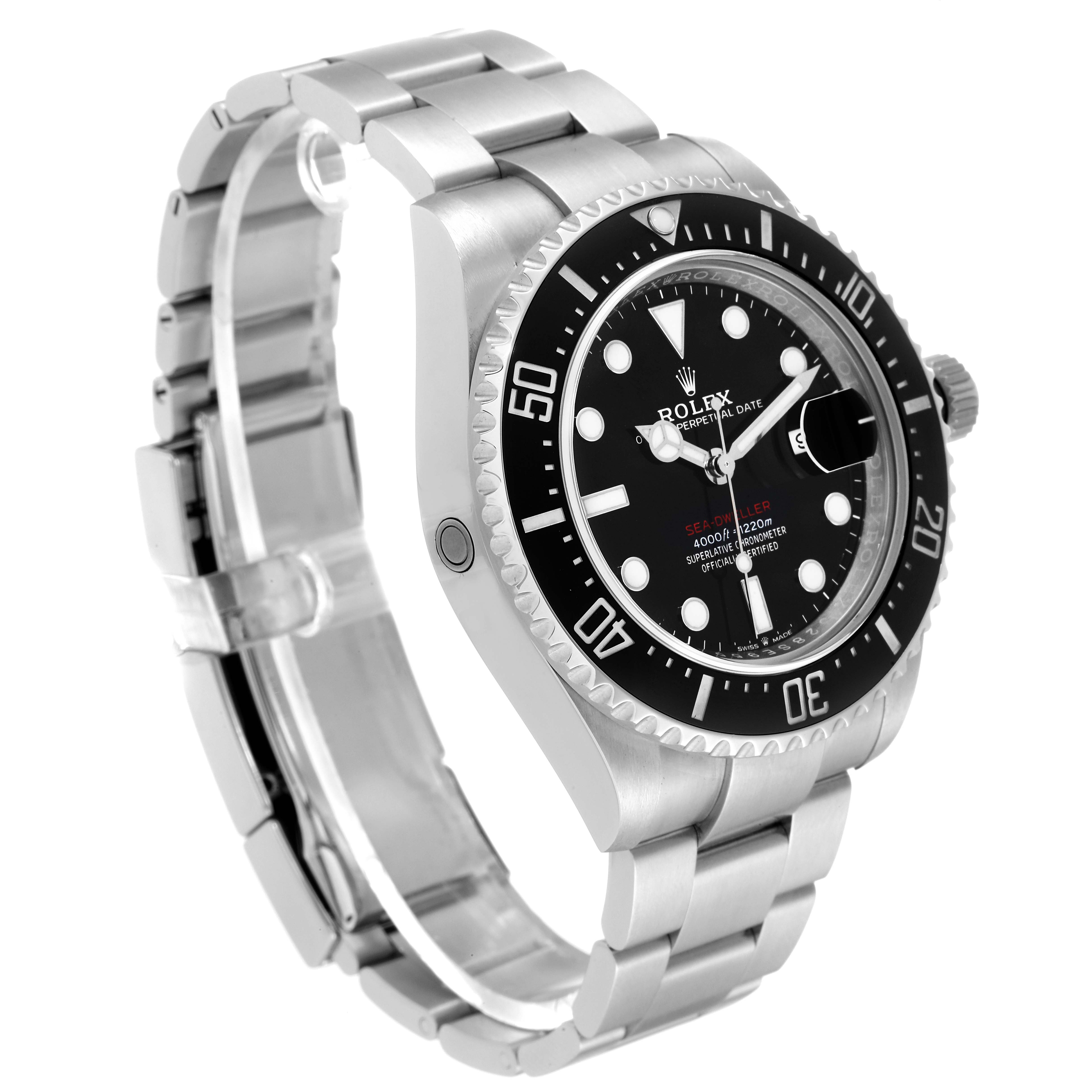 The image shows a side and partial front angle of a Rolex Sea-Dweller 126600 Men
s Stainless Steel Black Dial 126600 Men
s Stainless Steel Black Dial watch, highlighting its bracelet, bezel, and dial.