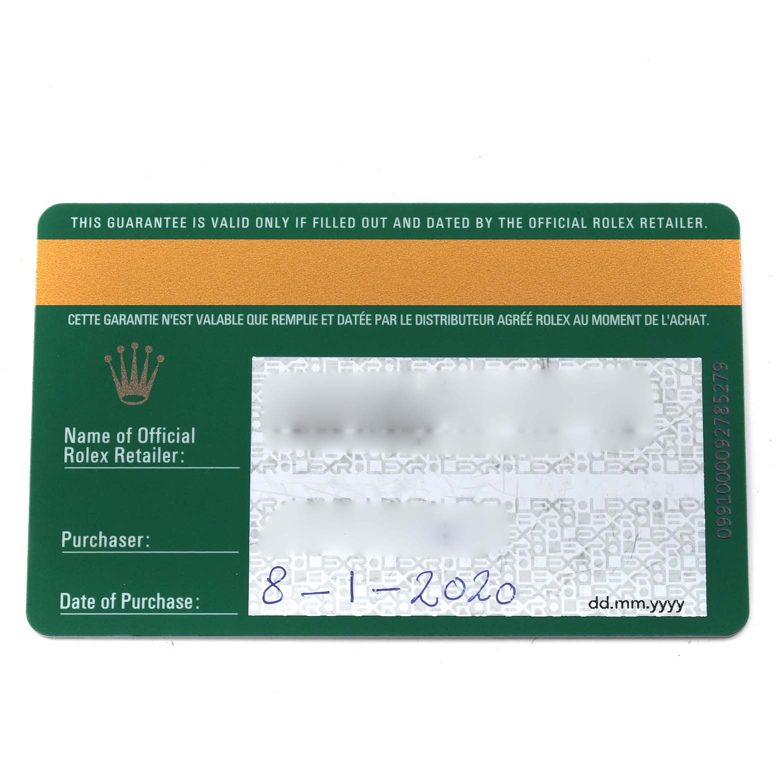 The image shows a warranty card for the Rolex Sea-Dweller 126600 Men
s Stainless Steel Black Dial 126600 Men
s Stainless Steel Black Dial watch, displaying purchase details and retailer information.