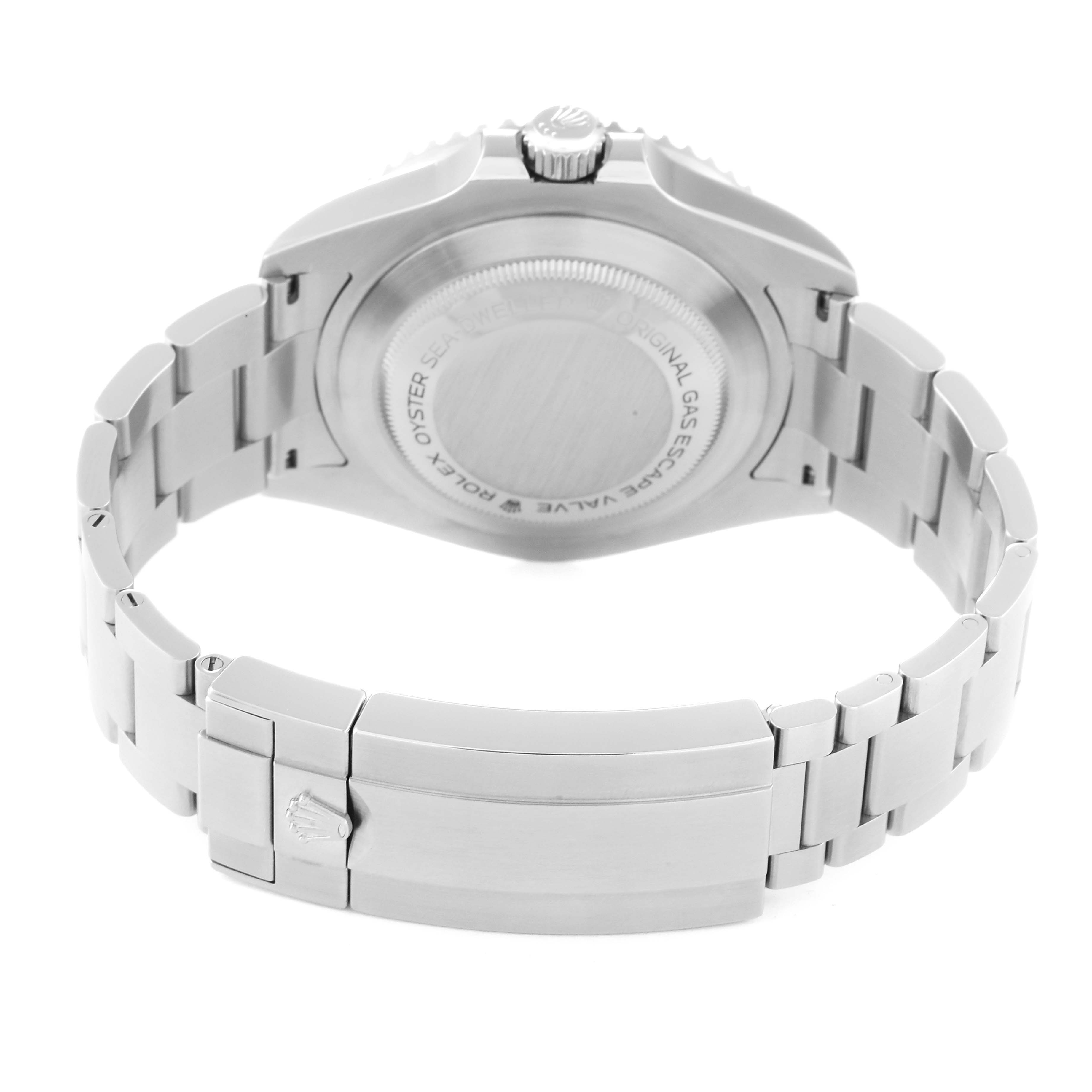 The image shows the back case, crown, and bracelet of a Rolex Sea-Dweller 126600 Men
s Stainless Steel Black Dial 126600 Men
s Stainless Steel Black Dial watch from a rear angle.