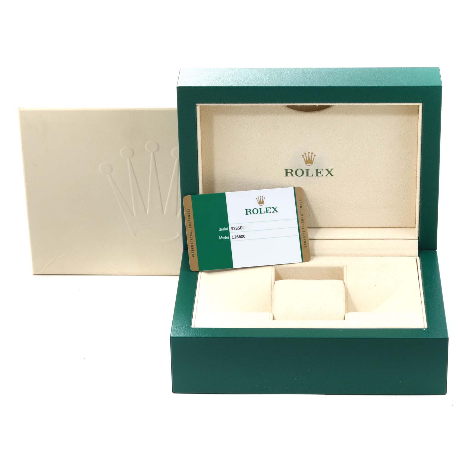 The image shows the box, warranty card, and interior display for the Rolex Sea-Dweller 126600 Men
s Stainless Steel Black Dial 126600 Men
s Stainless Steel Black Dial model.