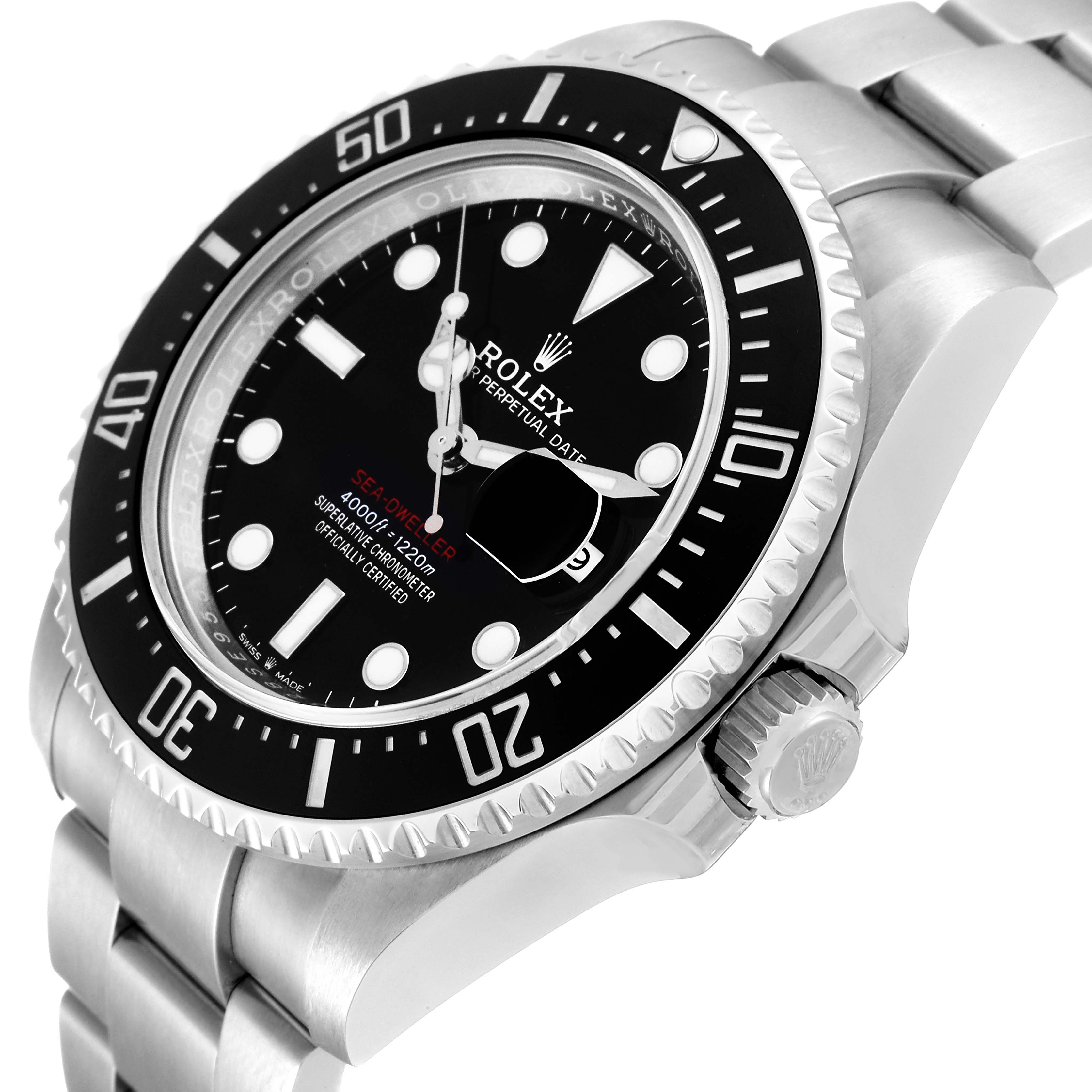 The image shows a close-up angle of the Rolex Sea-Dweller 126600 Men
s Stainless Steel Black Dial 126600 Men
s Stainless Steel Black Dial watch, focusing on the dial, bezel, crown, and part of the bracelet.