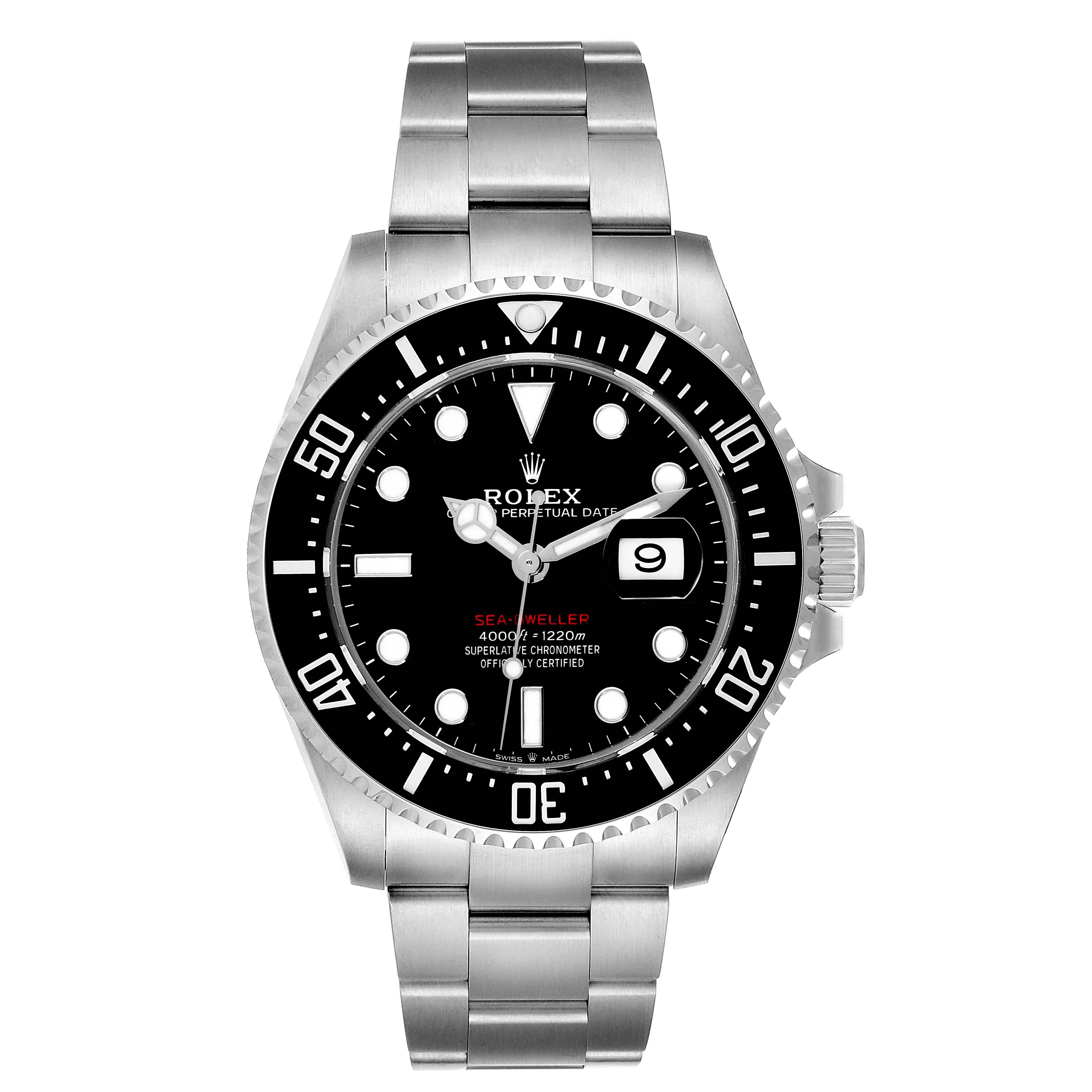 The image shows a front view of the Rolex Sea-Dweller 126600 Men
s Stainless Steel Black Dial 126600 Men
s Stainless Steel Black Dial watch, displaying its face, bezel, and metal bracelet.