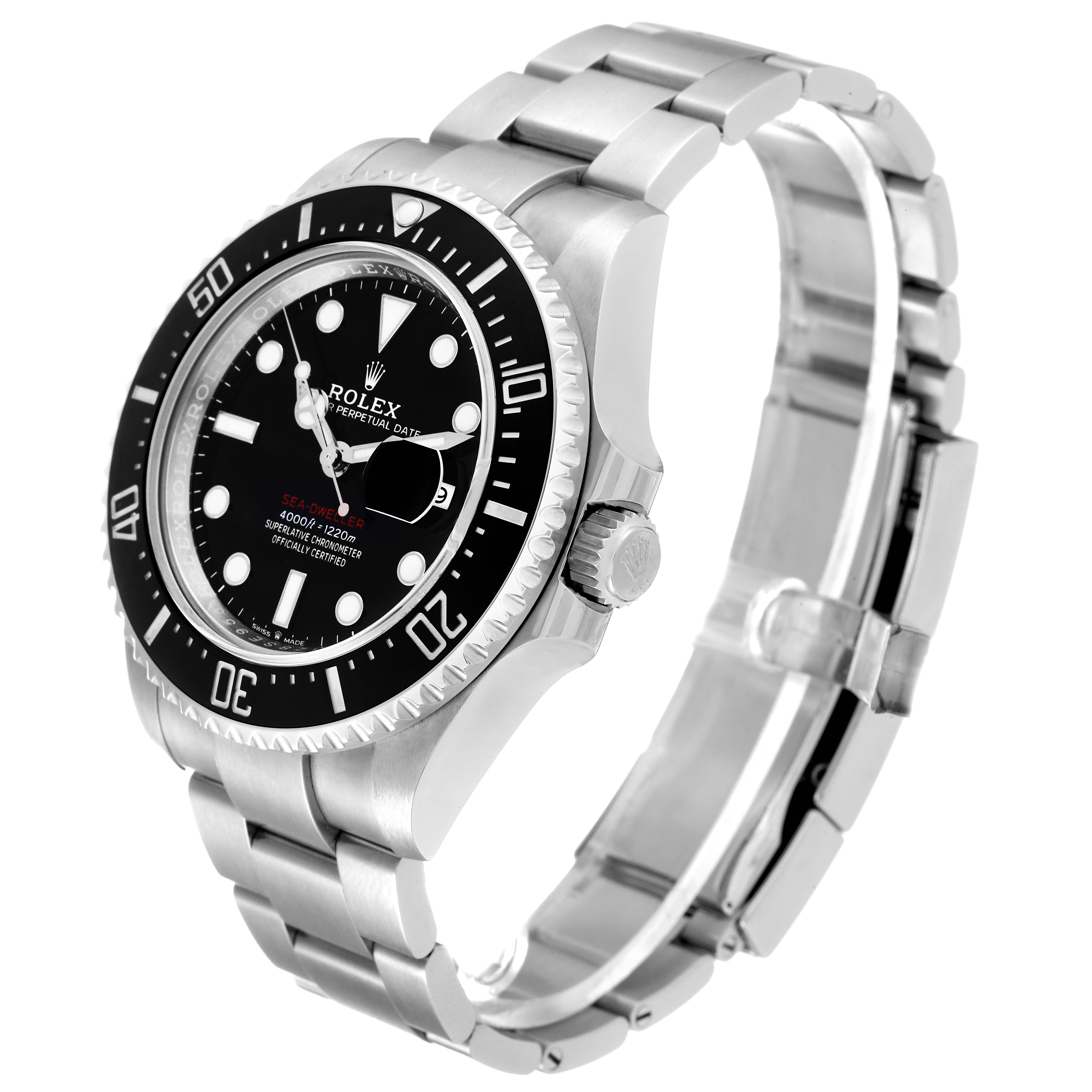 The image shows a side and front angle of the Rolex Sea-Dweller 126600 Men
s Stainless Steel Black Dial 126600 Men
s Stainless Steel Black Dial watch, highlighting the face, bezel, crown, and bracelet.