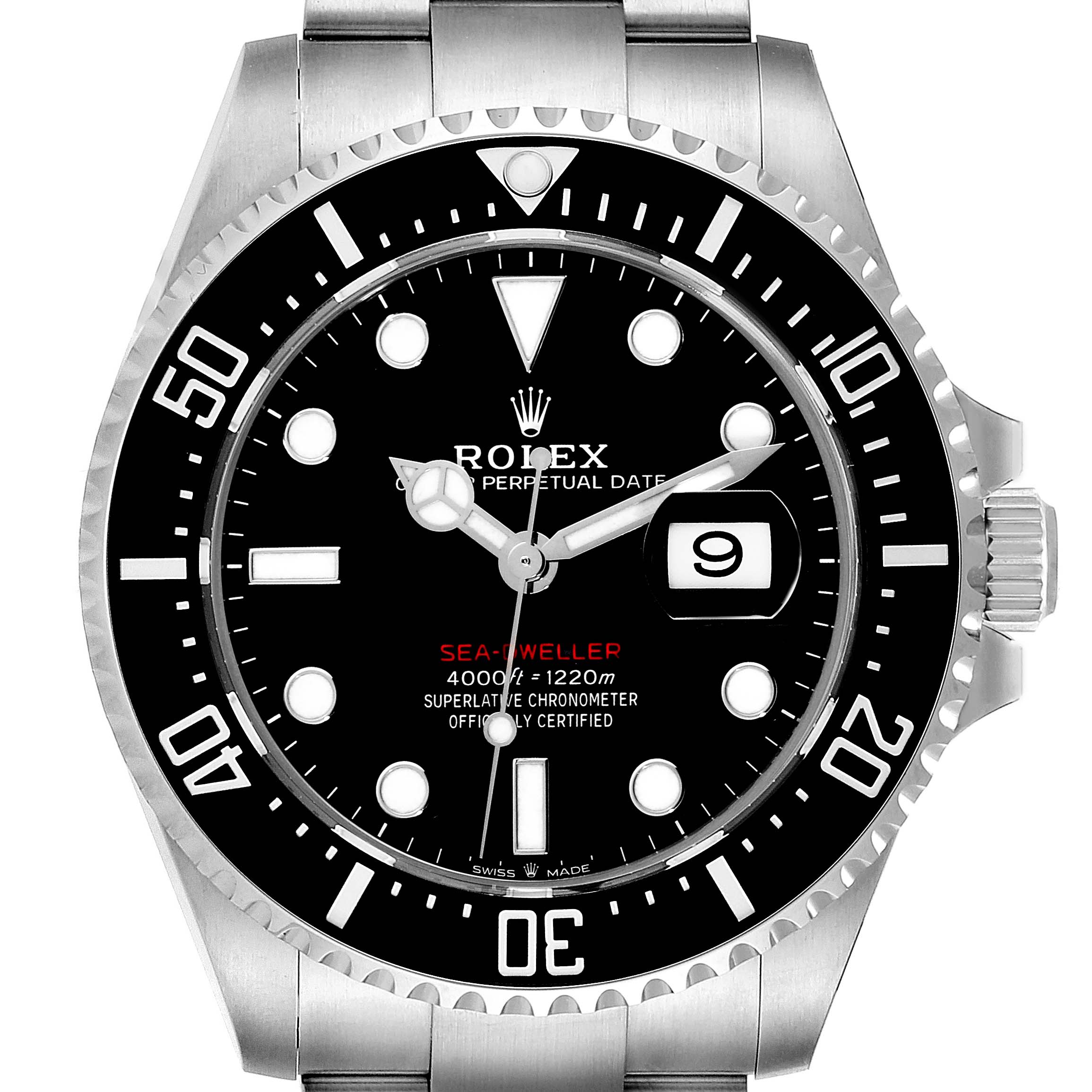 The image shows a front view of the Rolex Sea-Dweller 126600 Men
s Stainless Steel Black Dial 126600 Men
s Stainless Steel Black Dial watch, highlighting the dial, bezel, and part of the bracelet.