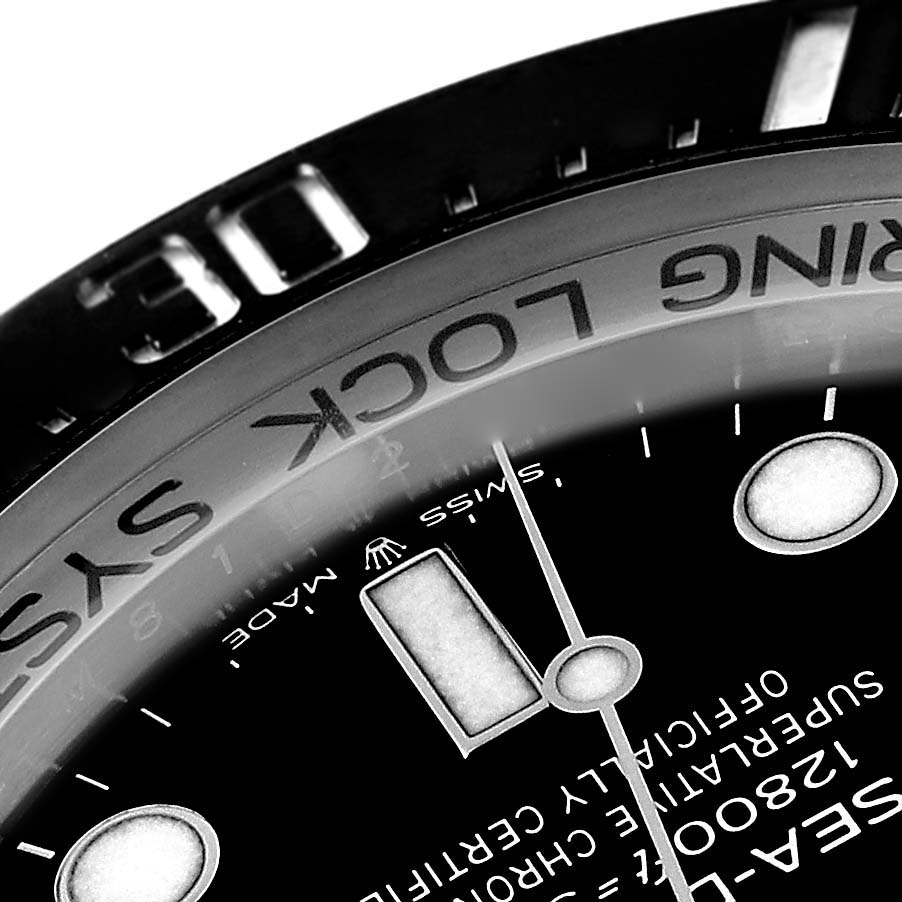 The image shows a close-up of the dial and bezel of a Rolex Sea-Dweller 126660 Men
s Stainless Steel Black Dial 126660 Men
s Stainless Steel Black Dial watch, highlighting the markings and hands.