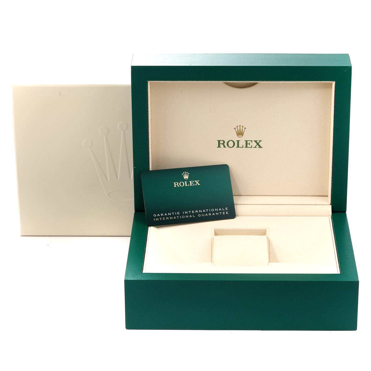 The image shows an open Rolex Sea-Dweller 126660 Men
s Stainless Steel Black Dial 126660 Men
s Stainless Steel Black Dial watch box with a guarantee card inside.