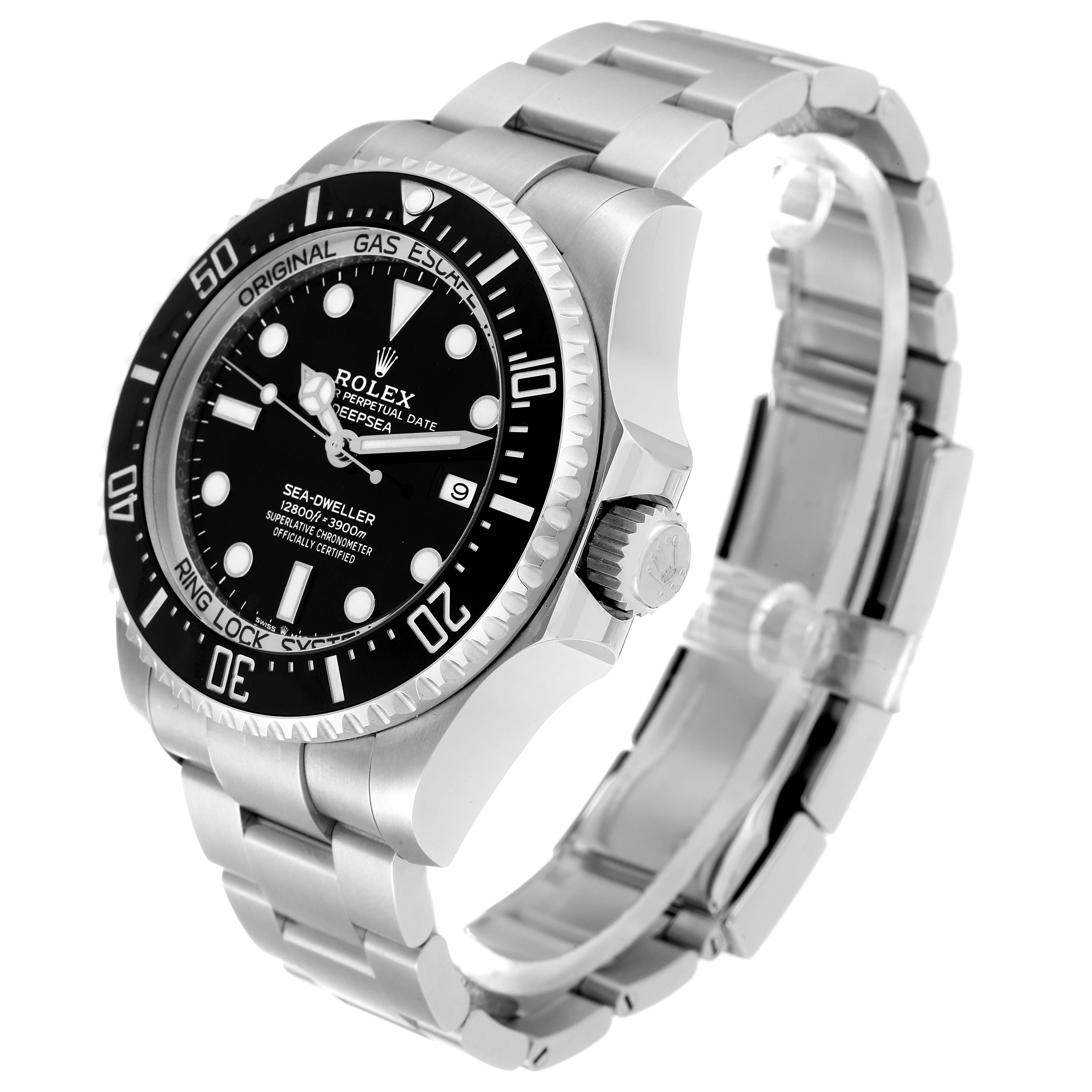 The Rolex Sea-Dweller 126660 Men
s Stainless Steel Black Dial 126660 Men
s Stainless Steel Black Dial watch is shown from a three-quarter angle highlighting the face, bezel, crown, and bracelet.