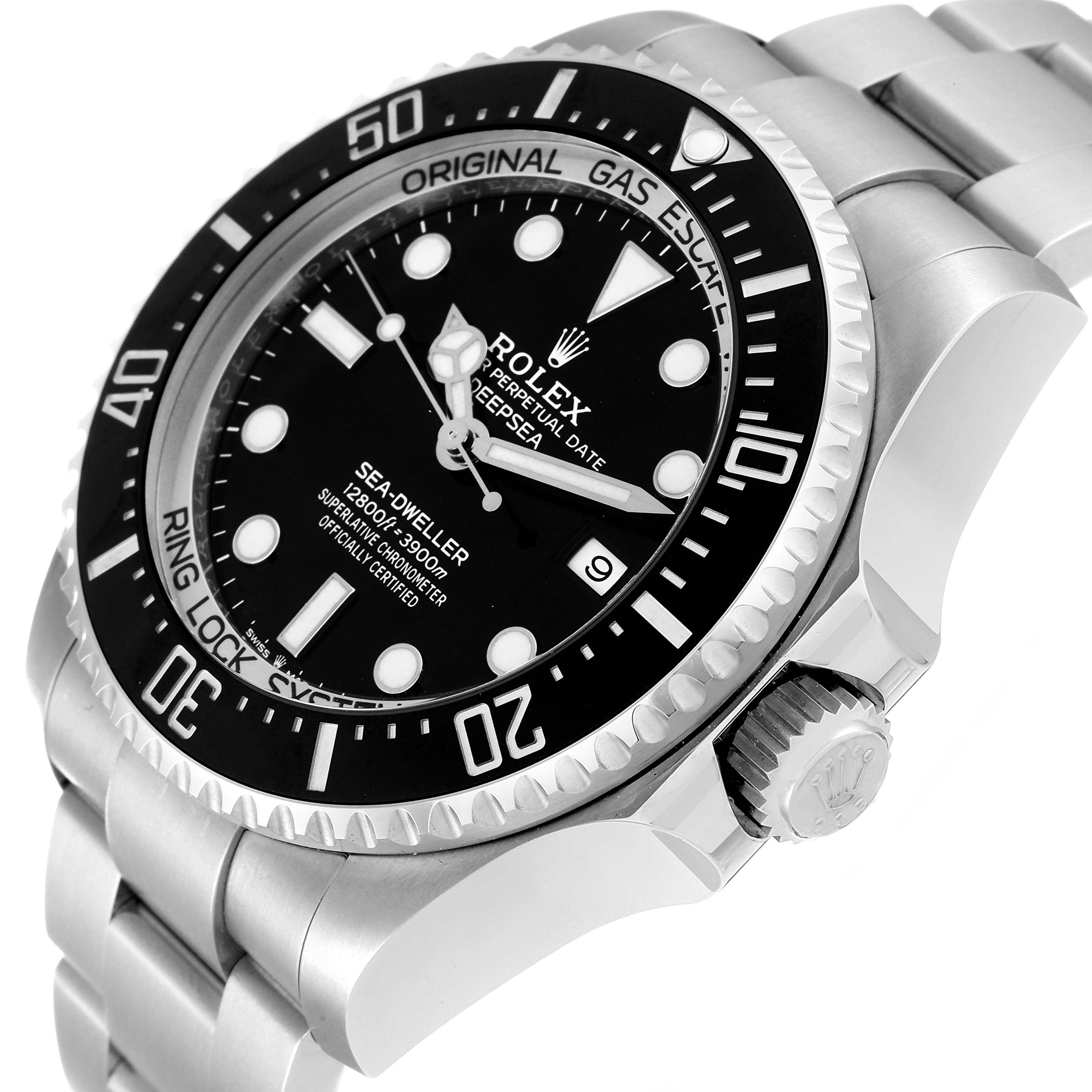 This image of the Rolex Sea-Dweller 126660 Men
s Stainless Steel Black Dial 126660 Men
s Stainless Steel Black Dial watch is taken at a left-side angle, showcasing the face, bezel, crown, and part of the bracelet.