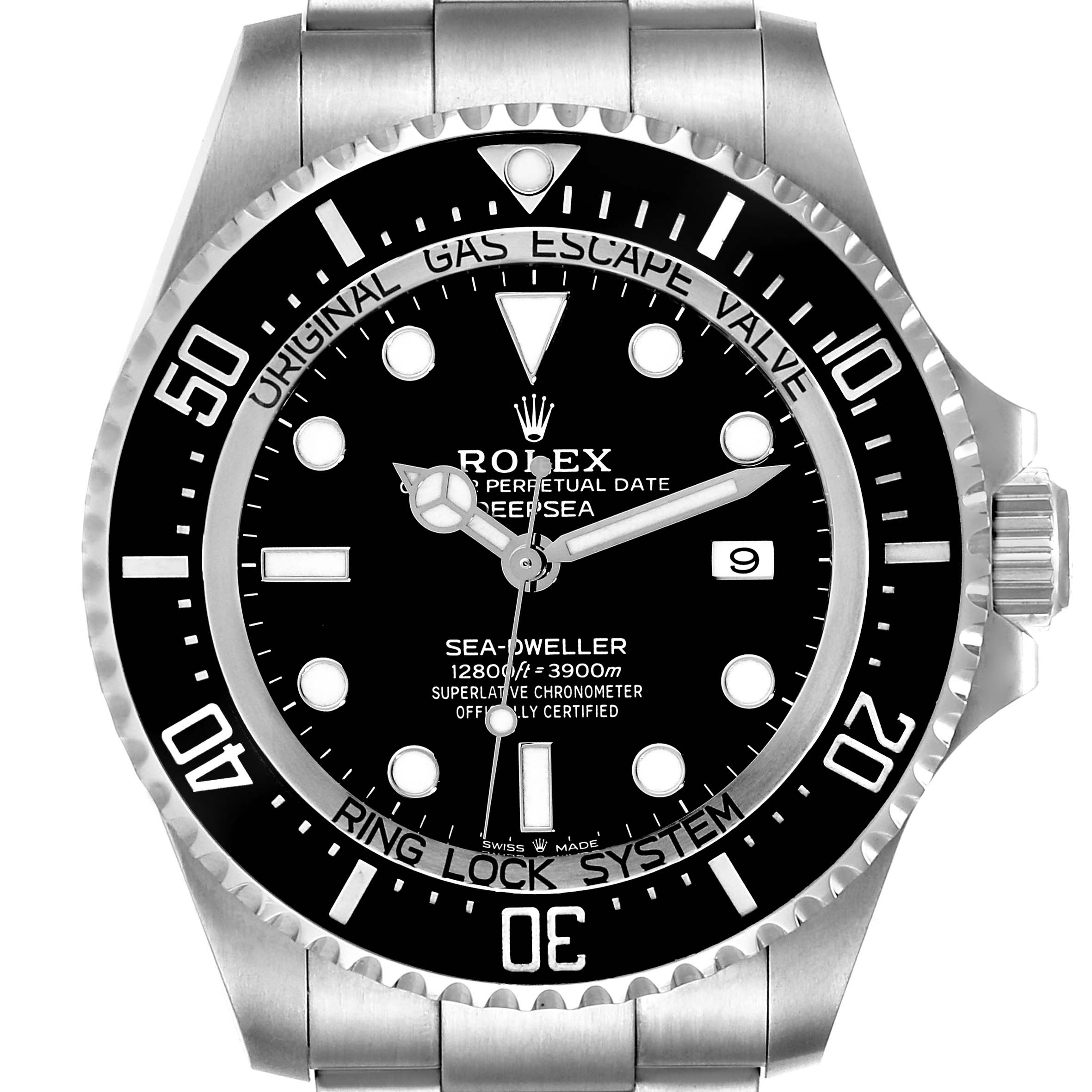 This is a frontal view of the Rolex Sea-Dweller 126660 Men
s Stainless Steel Black Dial 126660 Men
s Stainless Steel Black Dial watch showing the dial, bezel, crown, and part of the bracelet.