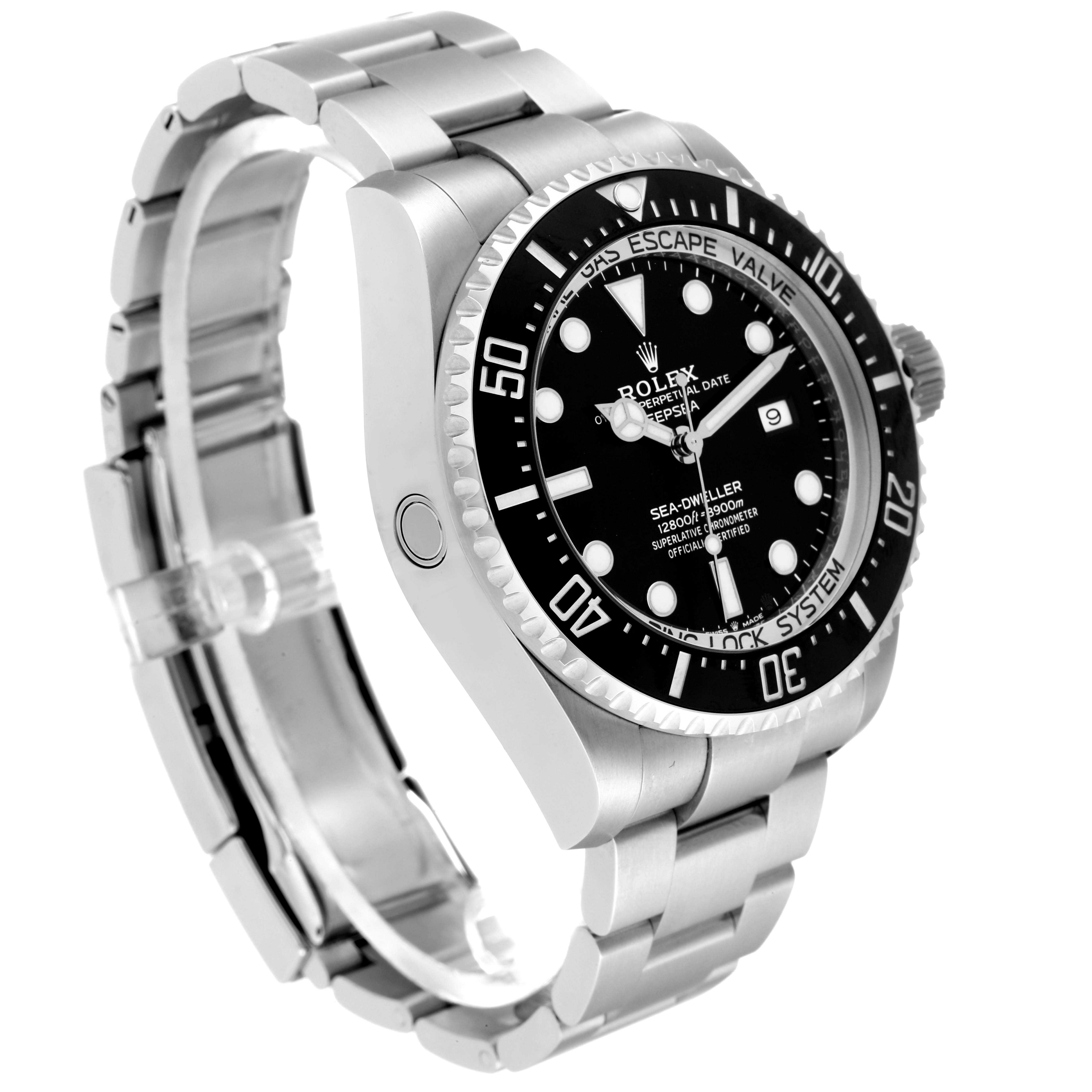 The image shows a Rolex Sea-Dweller 126660 Men
s Stainless Steel Black Dial 126660 Men
s Stainless Steel Black Dial watch at a three-quarter angle, highlighting the face, bezel, case, and bracelet.