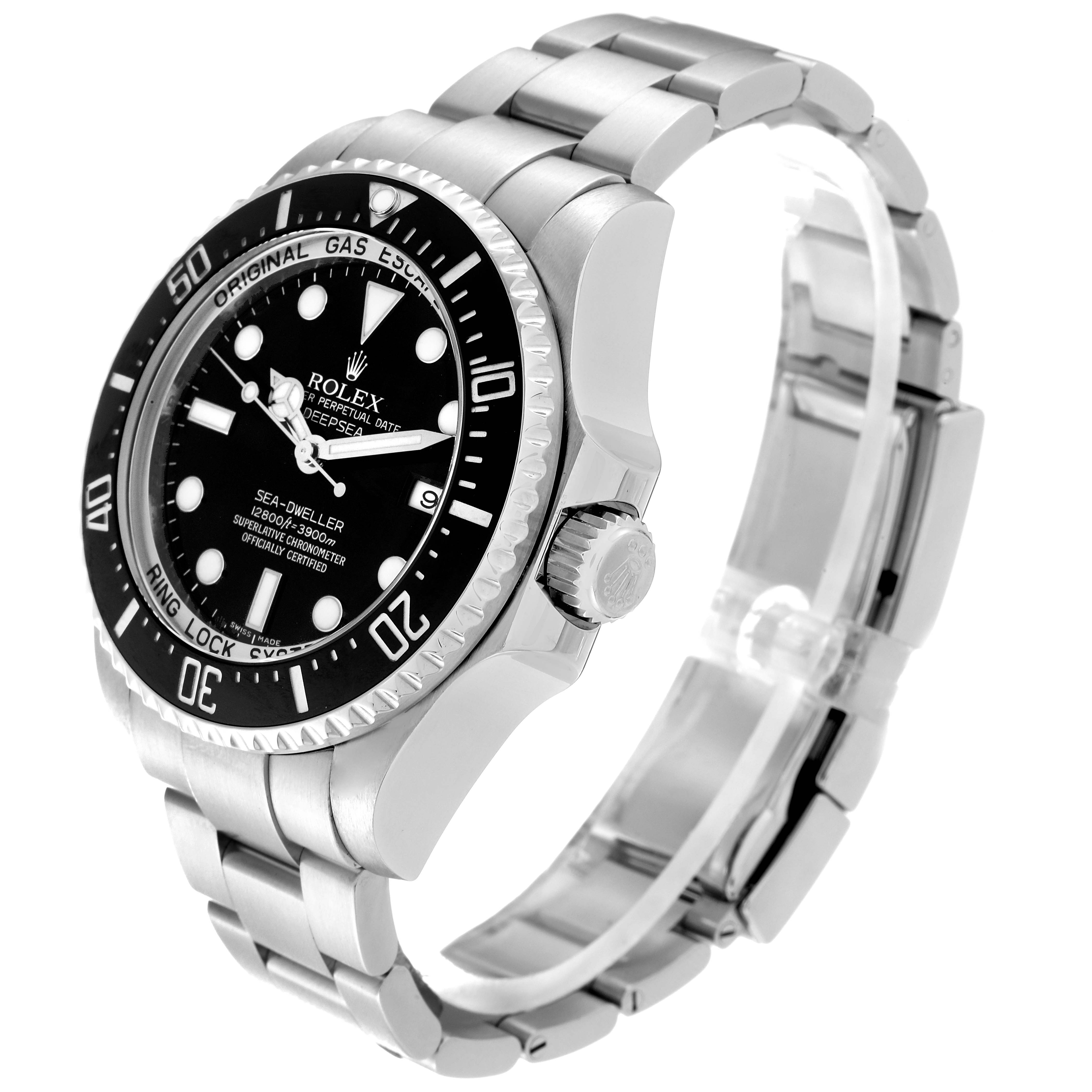 This Rolex Sea-Dweller 116660 Men's Stainless Steel Black Dial 116660 Men's Stainless Steel Black Dial watch is shown from an angled side view, highlighting the face, bezel, crown, and part of the bracelet.