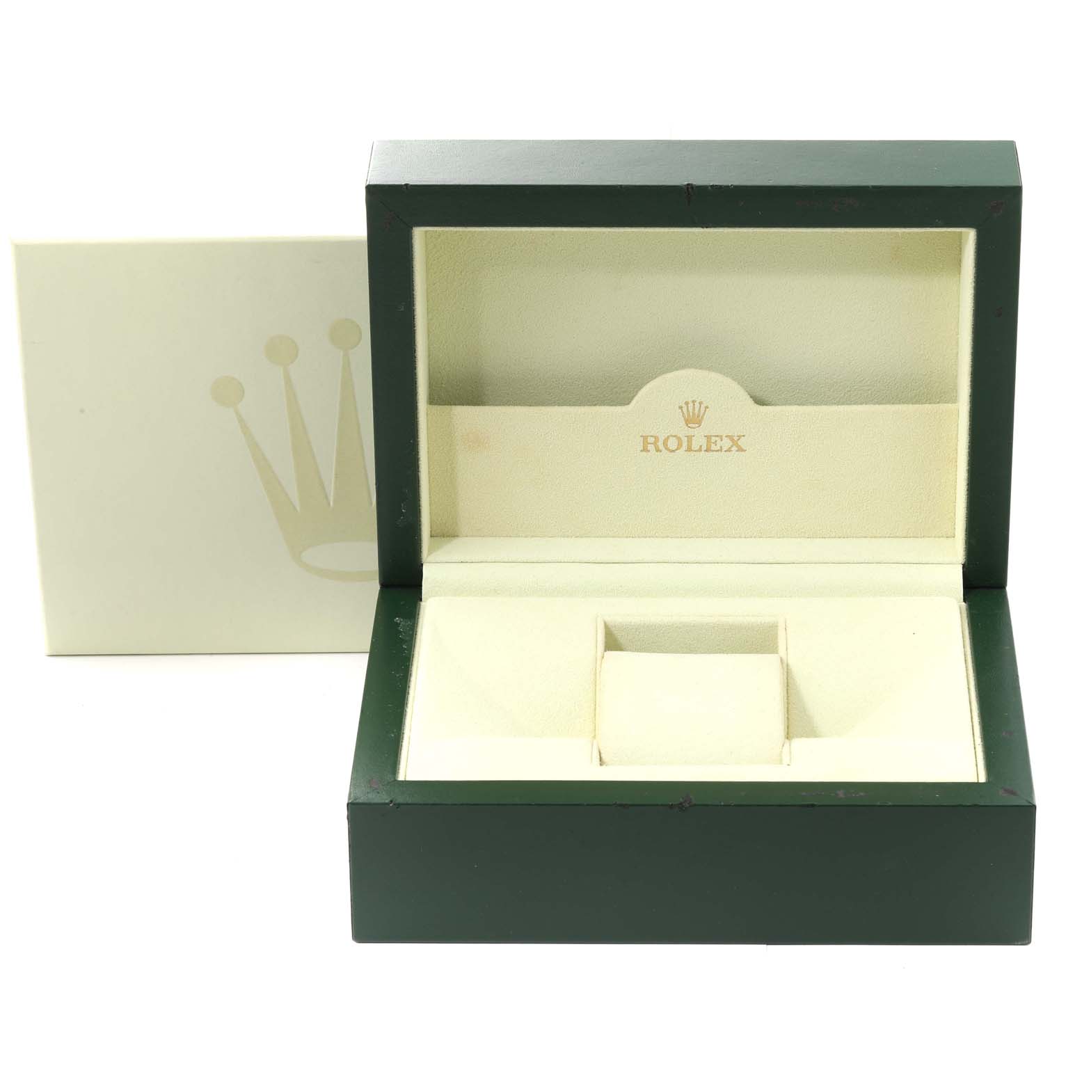 The image shows an open green and beige Rolex box for the Sea-Dweller model, viewed from the front.