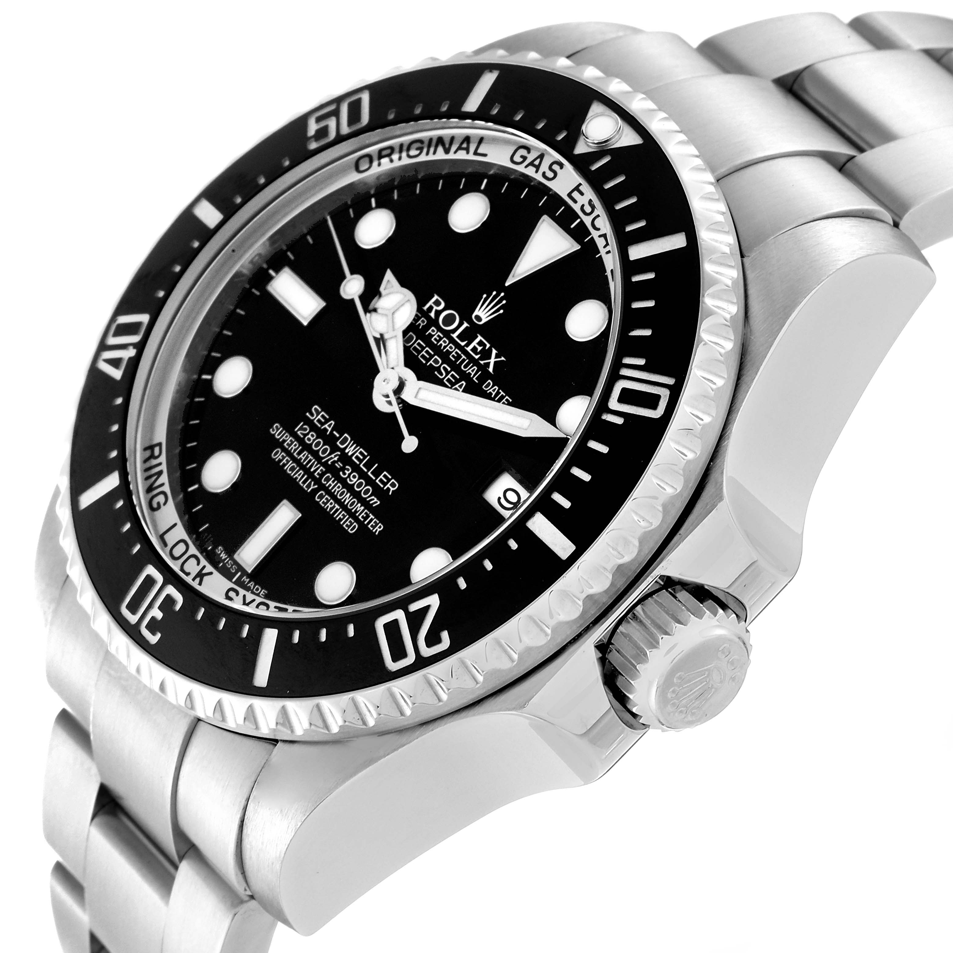 This image shows a side and partial face angle of a Rolex Sea-Dweller 116660 Men's Stainless Steel Black Dial 116660 Men's Stainless Steel Black Dial watch, highlighting its black dial, bezel, and metal bracelet.