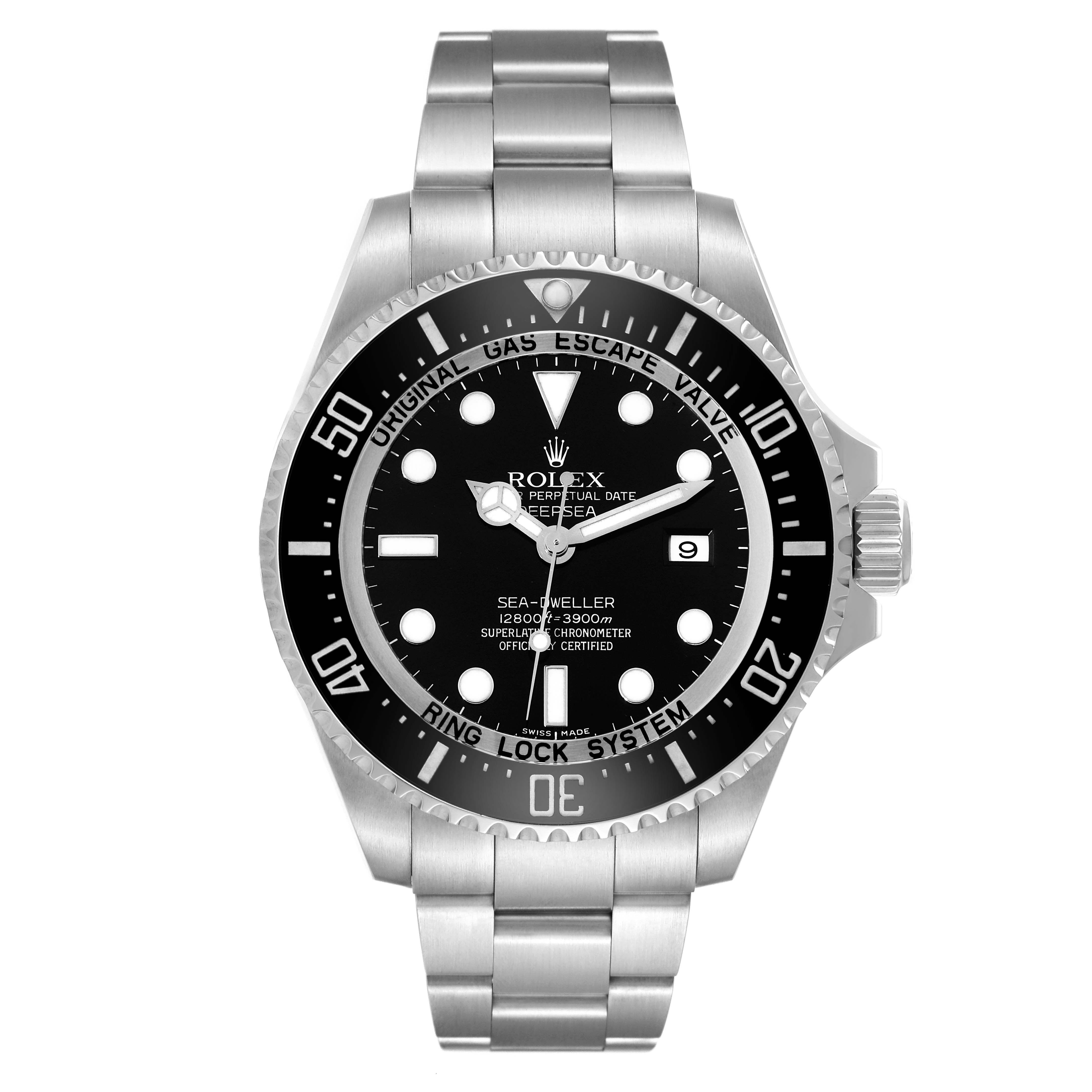 The image shows a front view of the Rolex Sea-Dweller 116660 Men's Stainless Steel Black Dial 116660 Men's Stainless Steel Black Dial watch, highlighting its face, bezel, and stainless steel bracelet.