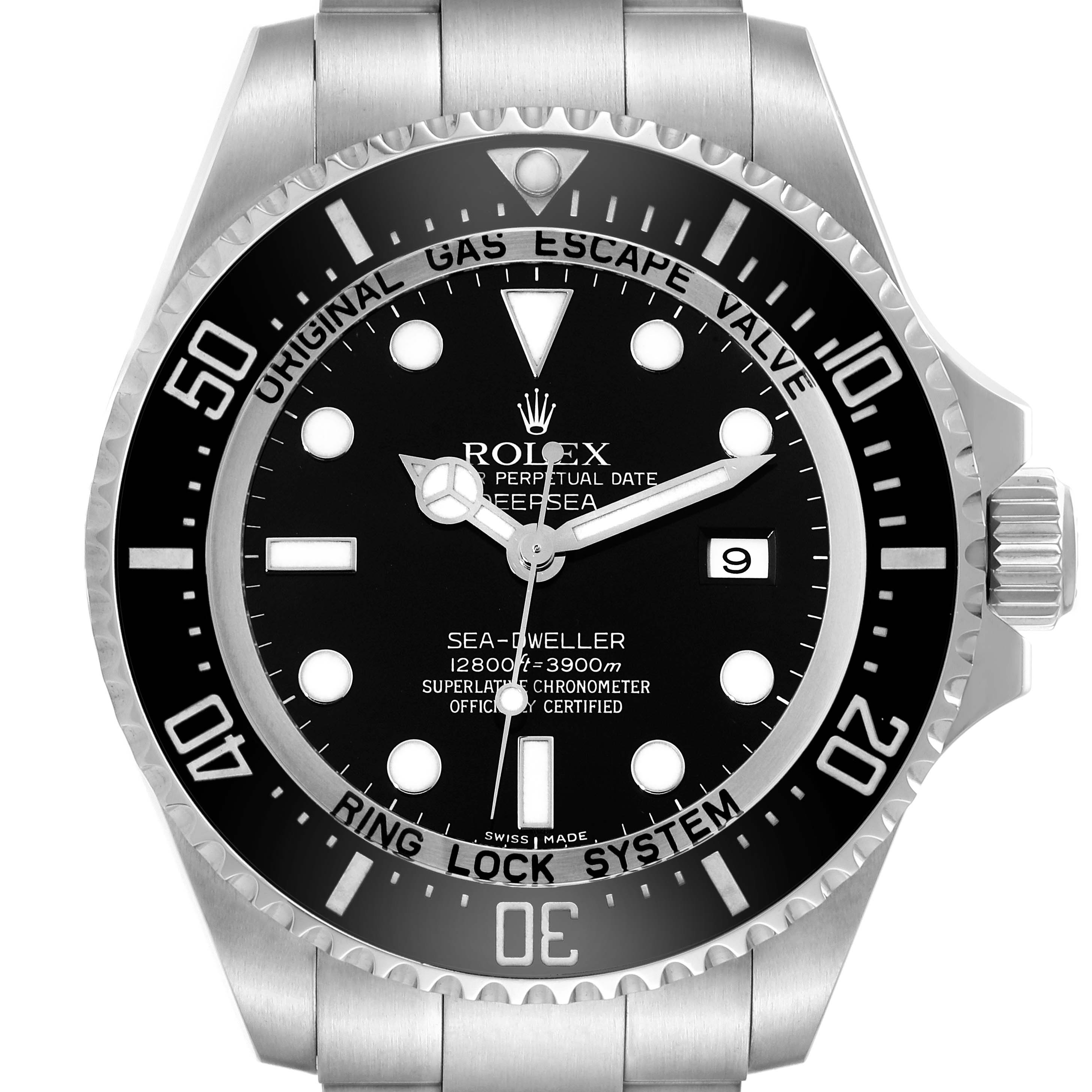 The image shows a front view of a Rolex Sea-Dweller 116660 Men's Stainless Steel Black Dial 116660 Men's Stainless Steel Black Dial watch, highlighting the dial, bezel, and part of the bracelet.
