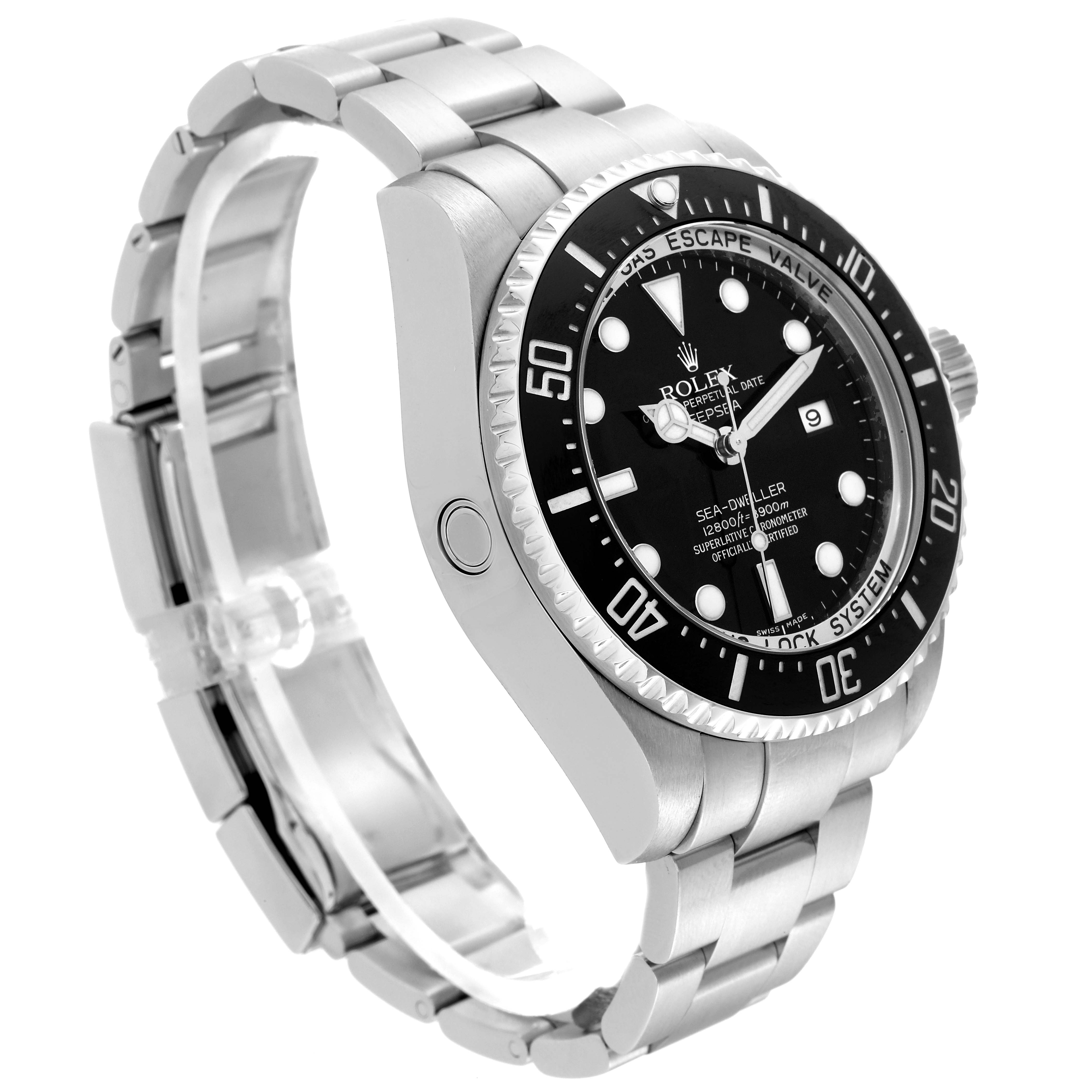 This image shows a Rolex Sea-Dweller 116660 Men's Stainless Steel Black Dial 116660 Men's Stainless Steel Black Dial watch from a slightly angled side view, displaying its dial, bezel, and bracelet.